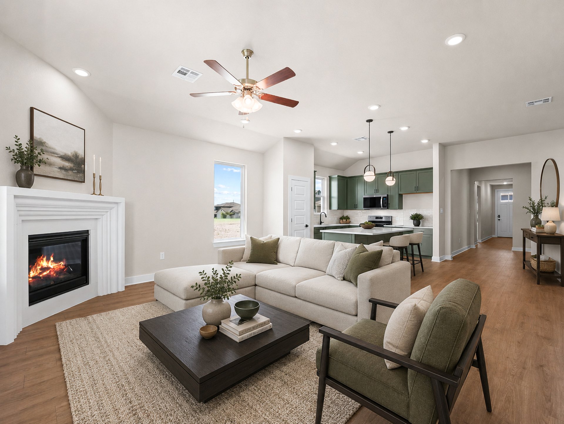great room with brown flooring, fireplace and ceiling fan