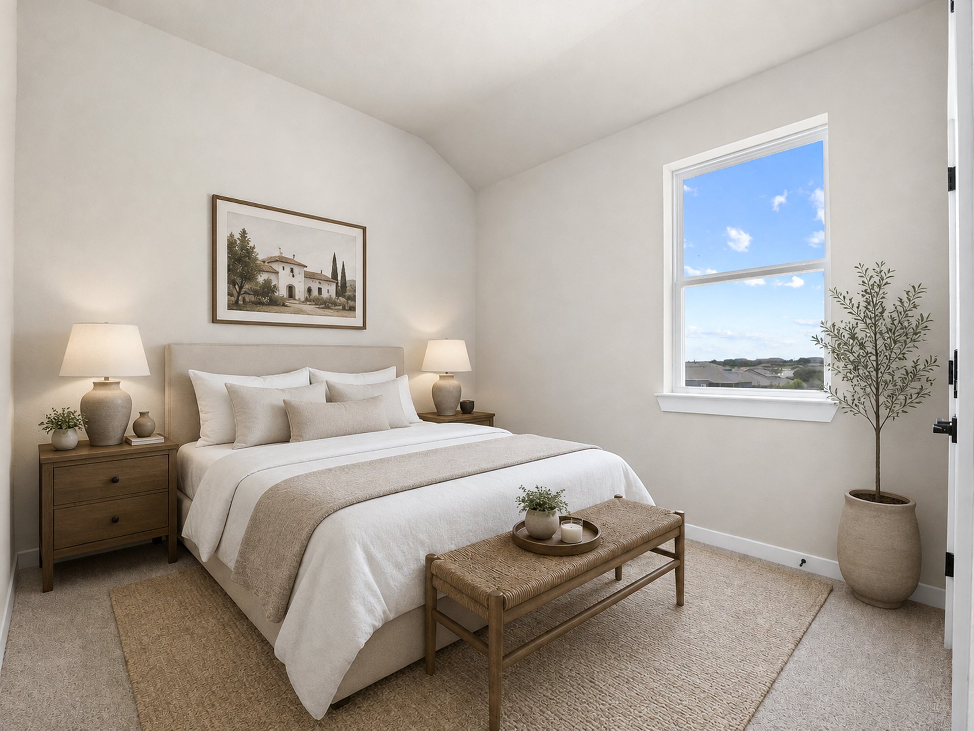 secondary bedroom with window, carpet and sloped ceilings