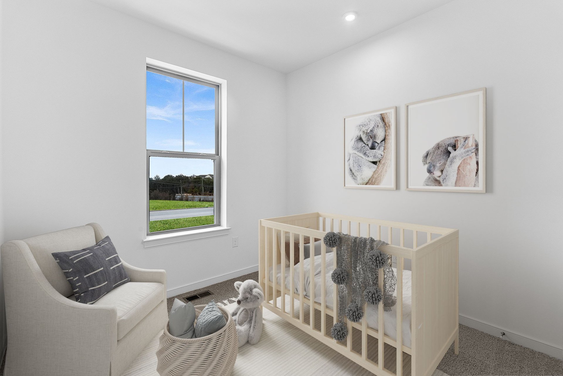 secondary bedroom with carpet, a crib and a window