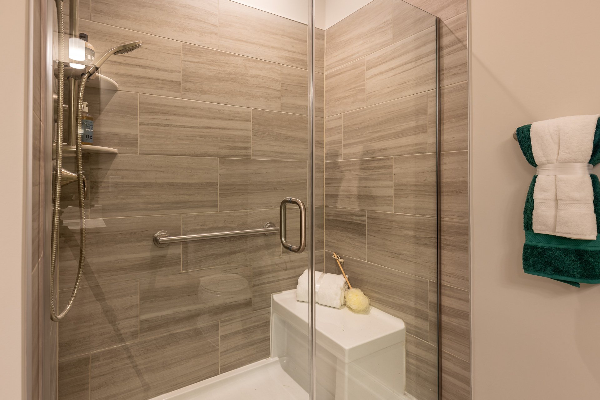primary bath with an oversized shower