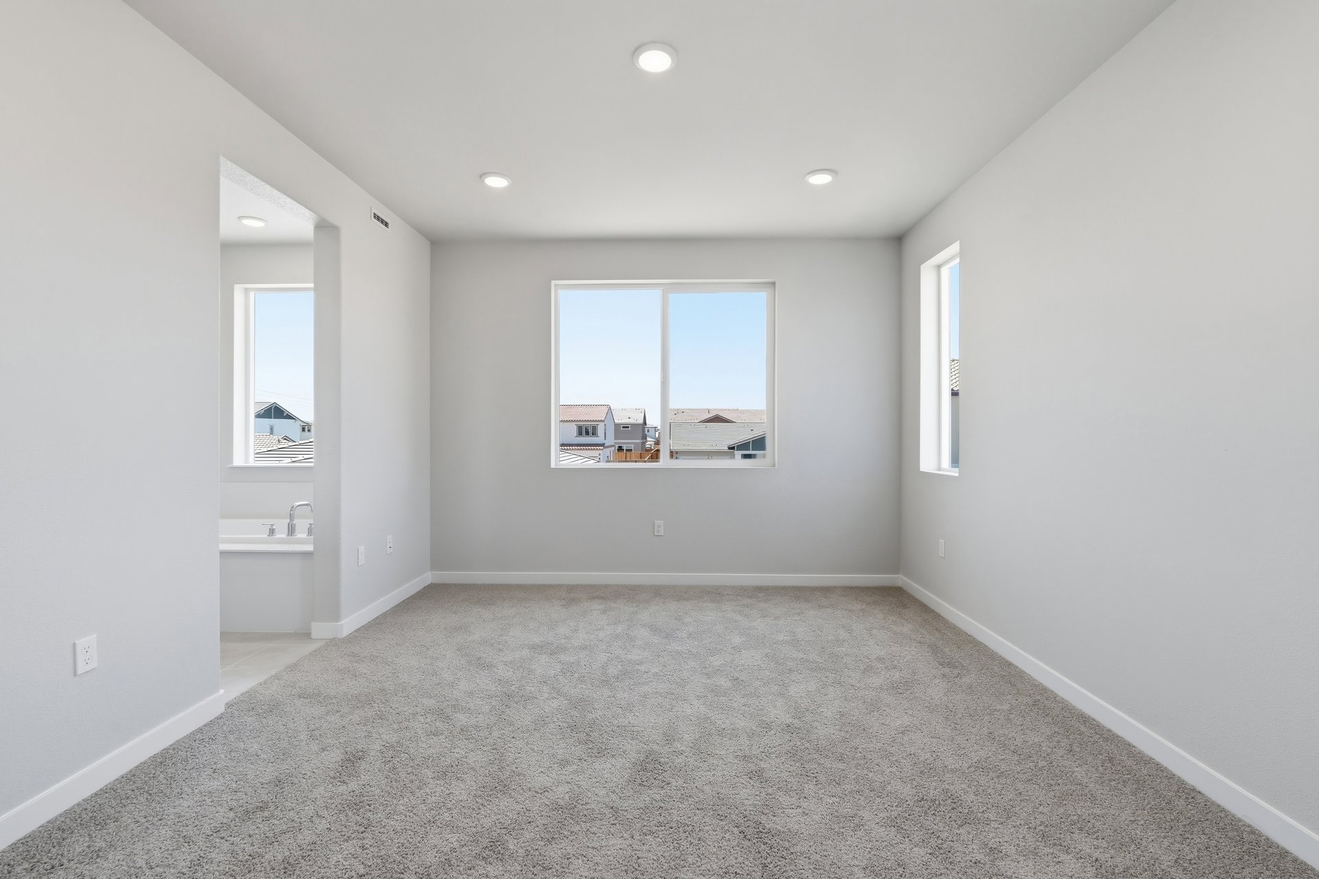 bedroom with tan carpet, light gray walls, two windows, and view of attached bathroom