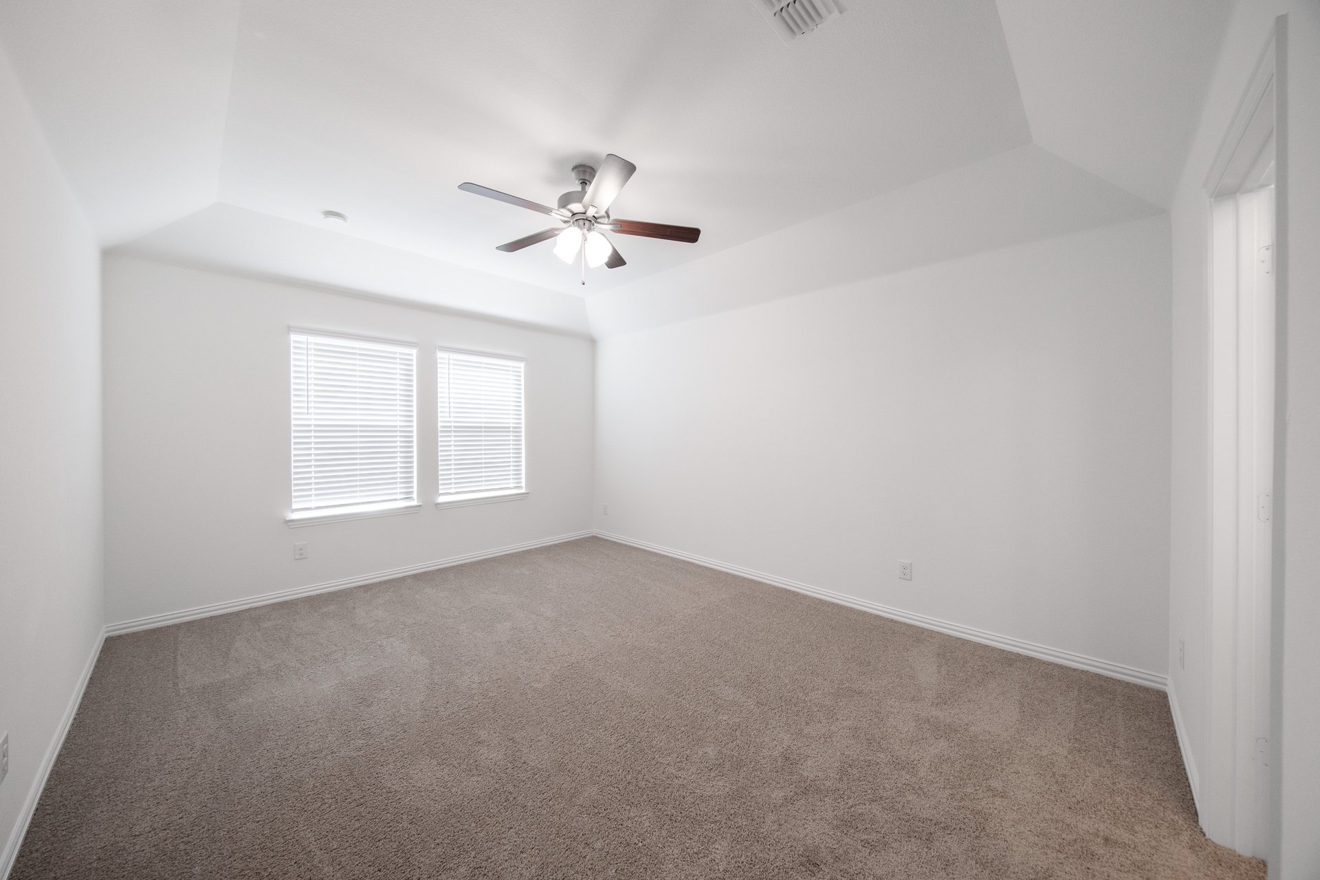 primary bedroom with carpet and windows