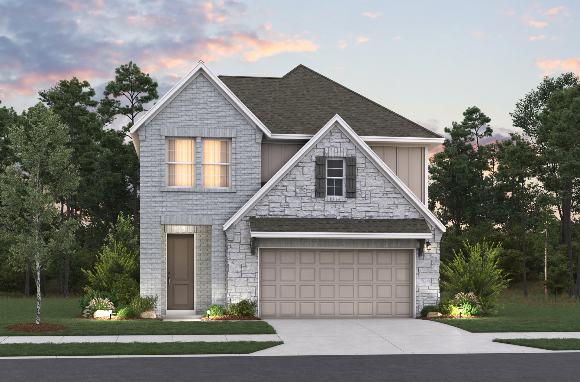 home with rock, garage,windows and landscaping 