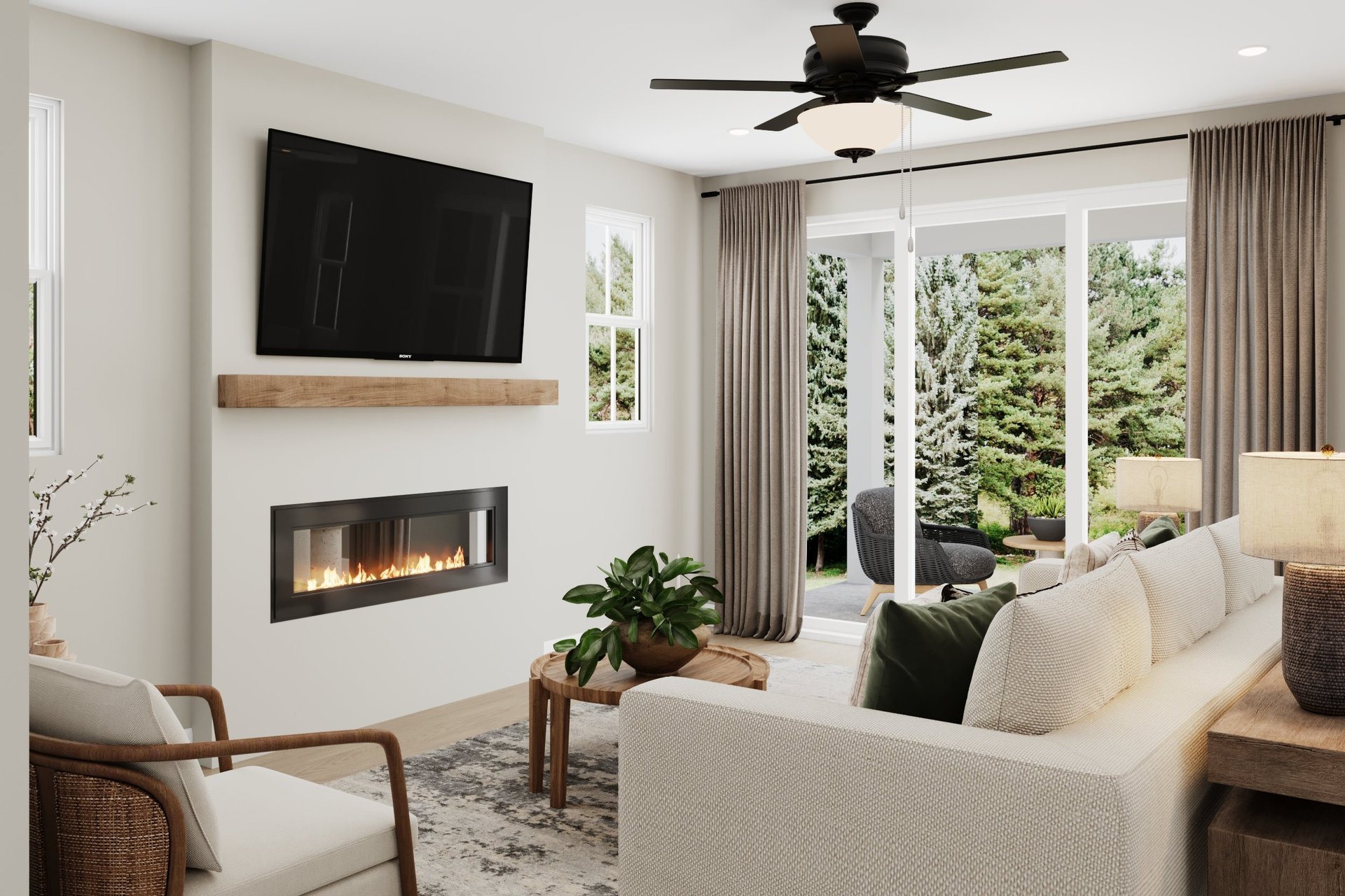 great room with fireplace and hards urface flooring