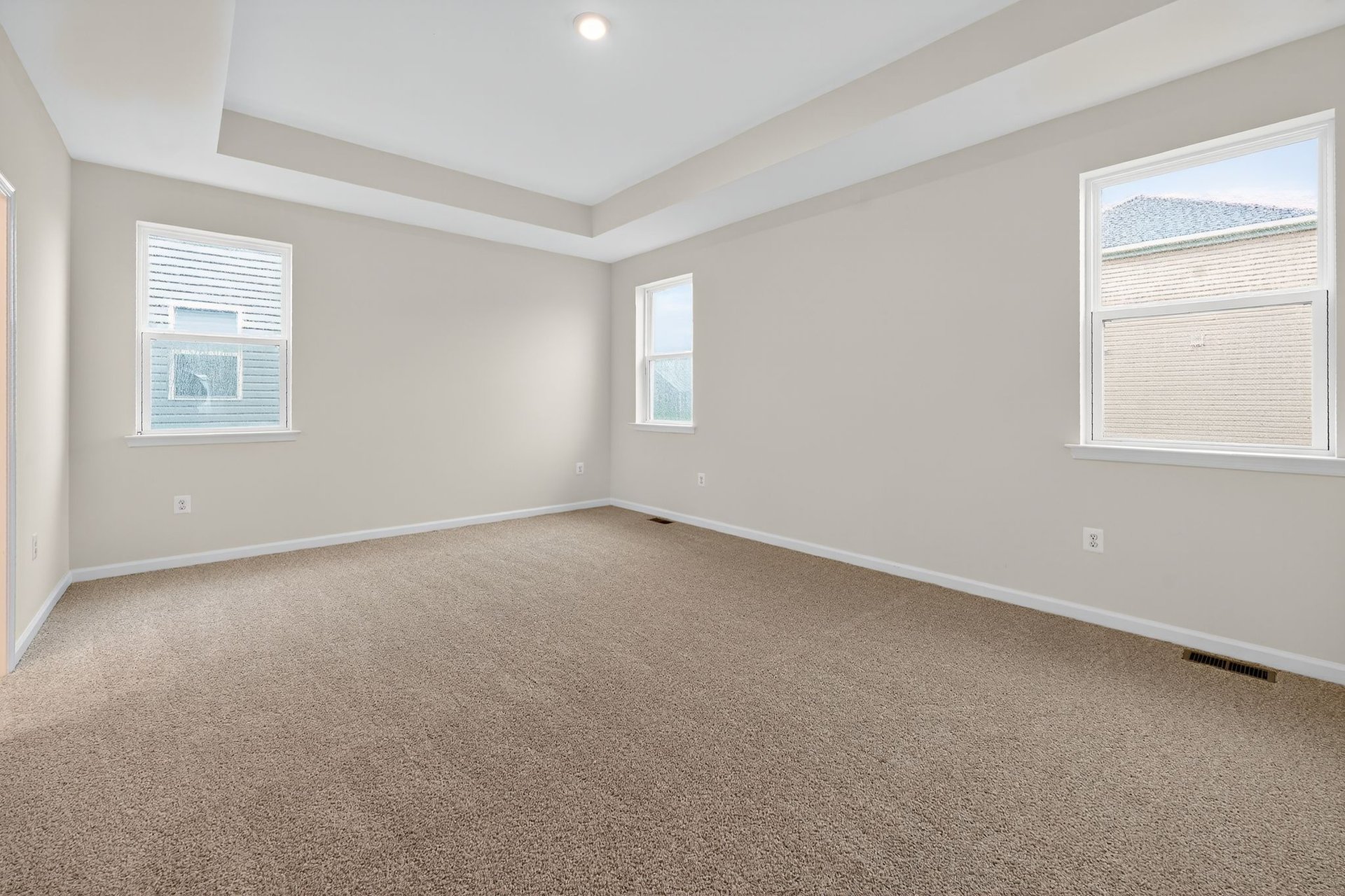 primary suite with a box ceiling and carpet