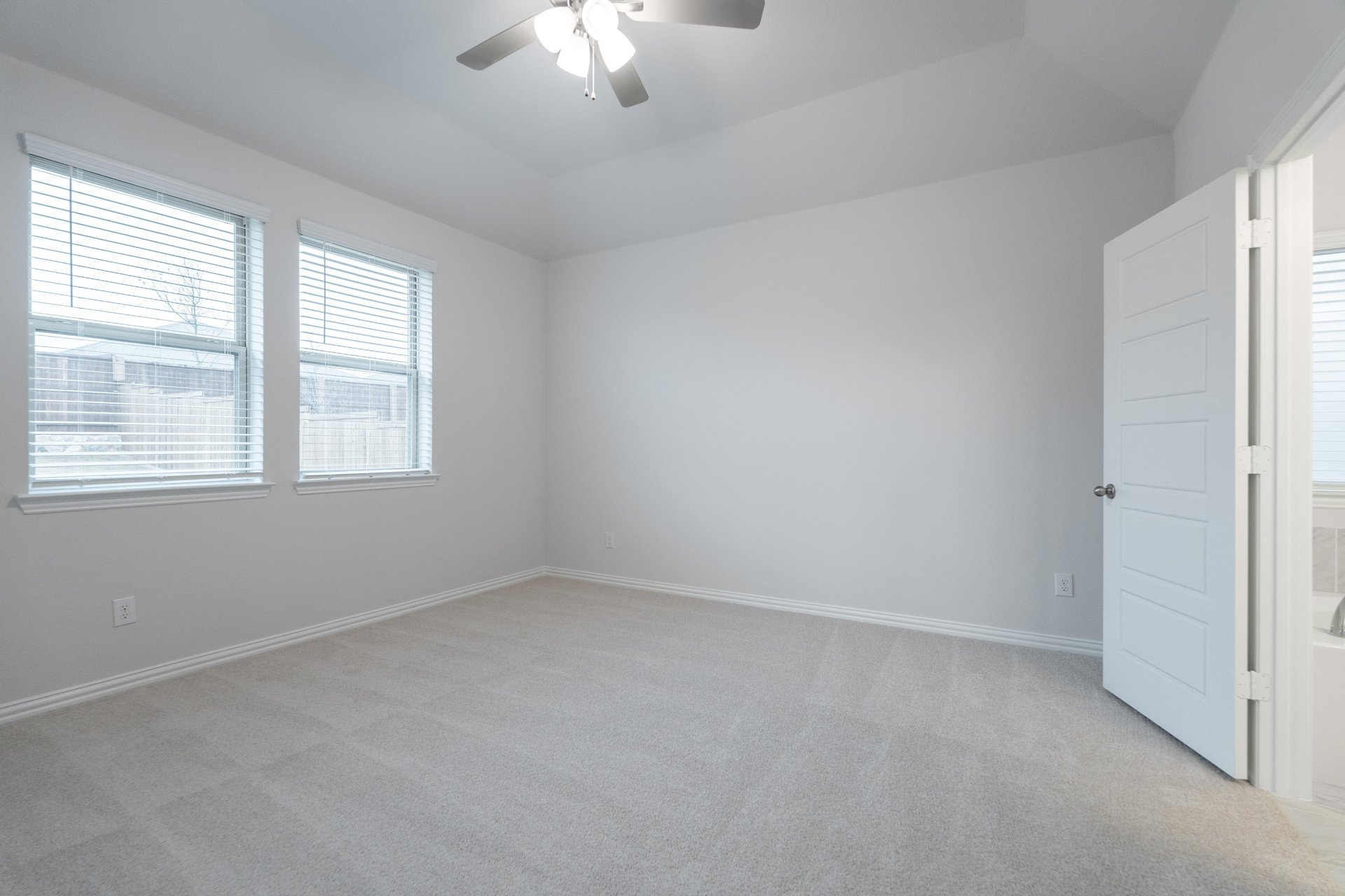 primary bedroom with carpet and windows