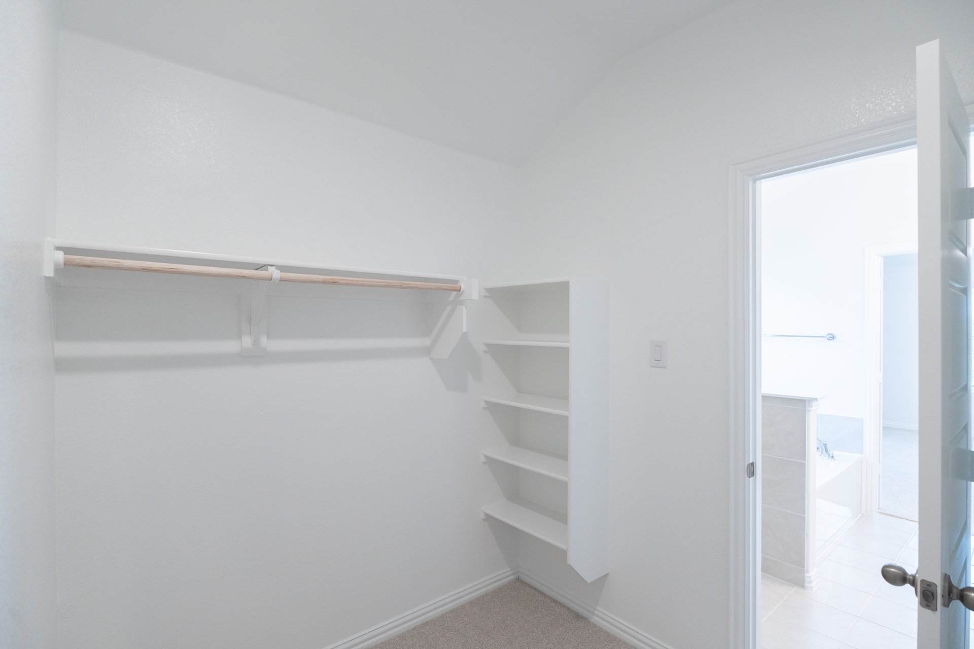 primary bedroom closet with carpet and white shelves