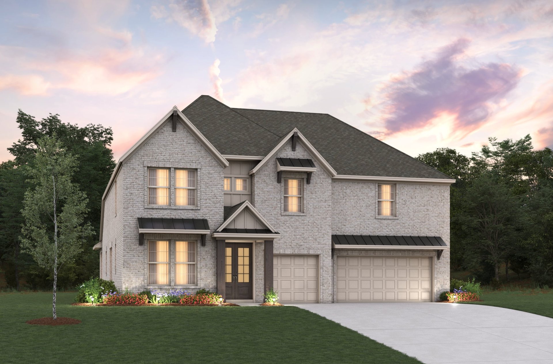 two-story home exterior with brick and landscaping