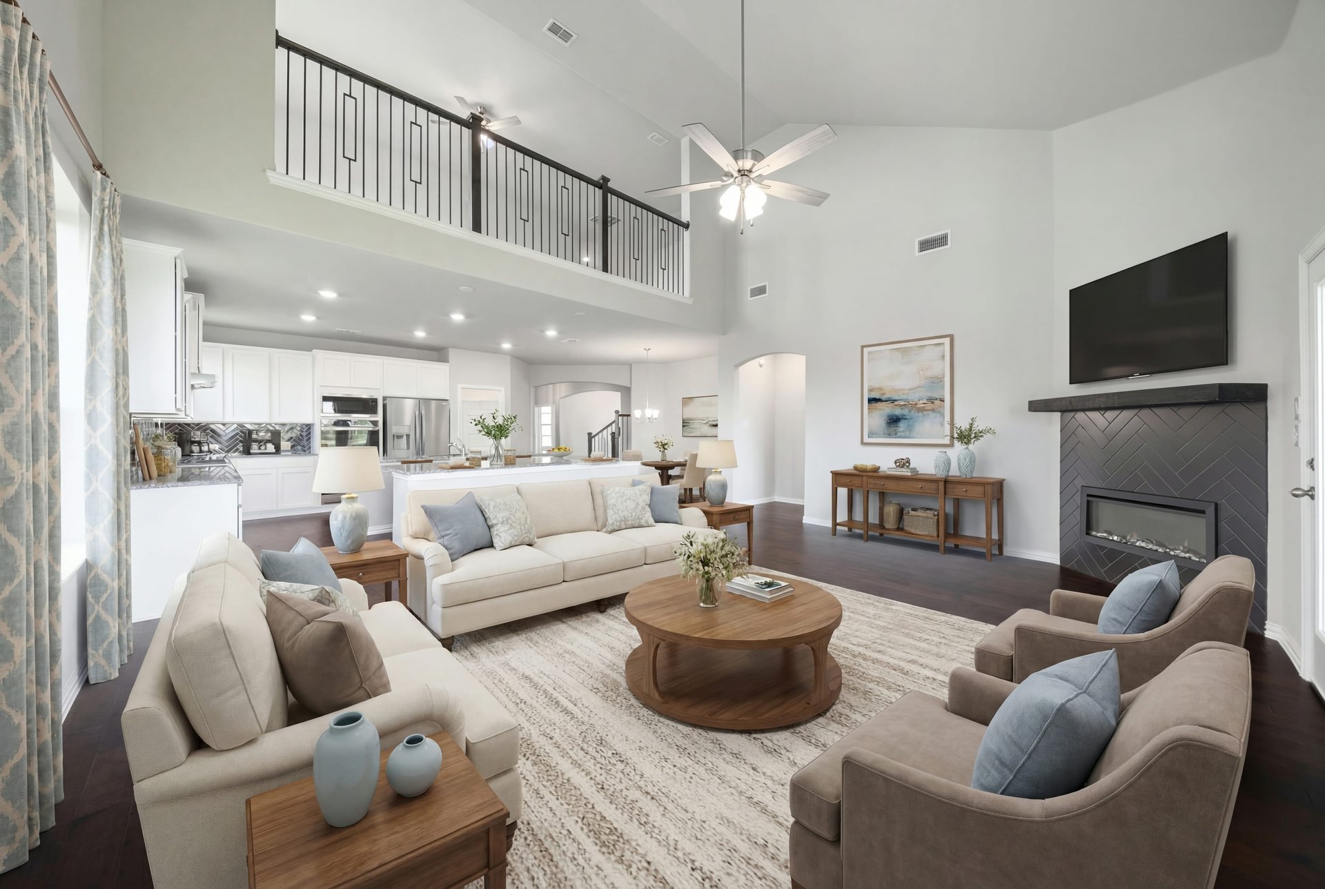 large great room with two-story ceilings