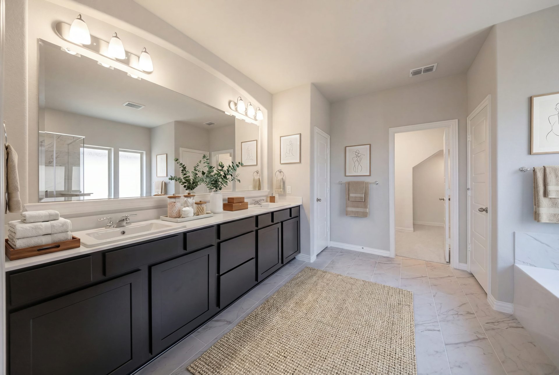spacious primary bathroom with double sinks