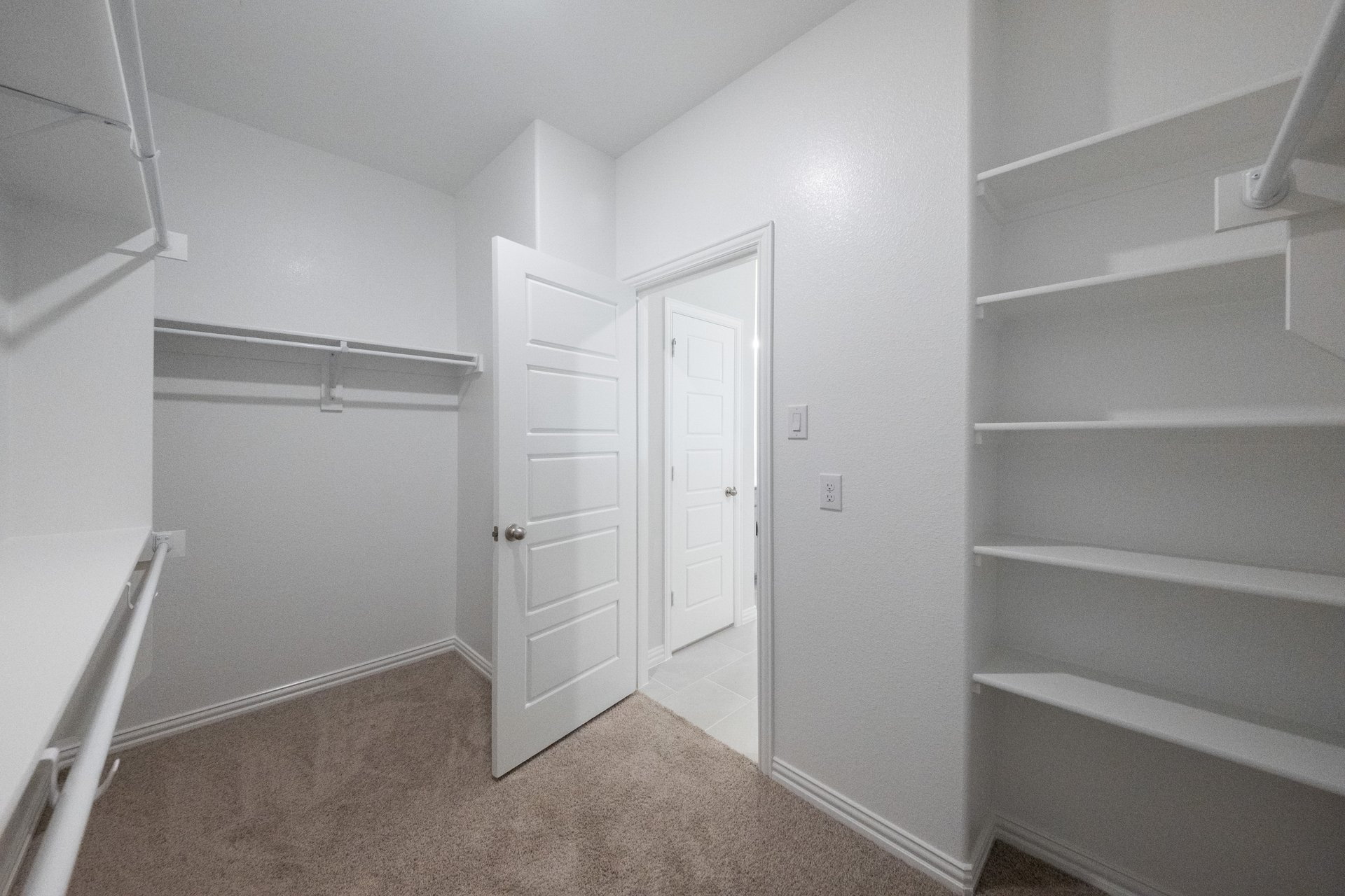 primary bedroom closet with carpet and white shelves