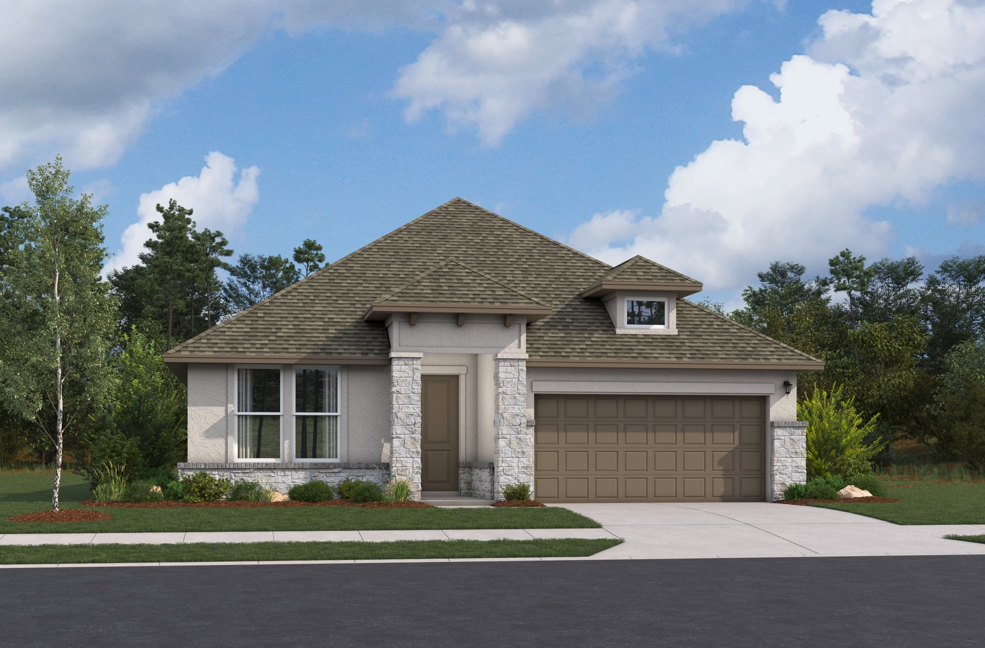 home with brick, windows, garage and landscaped grass 