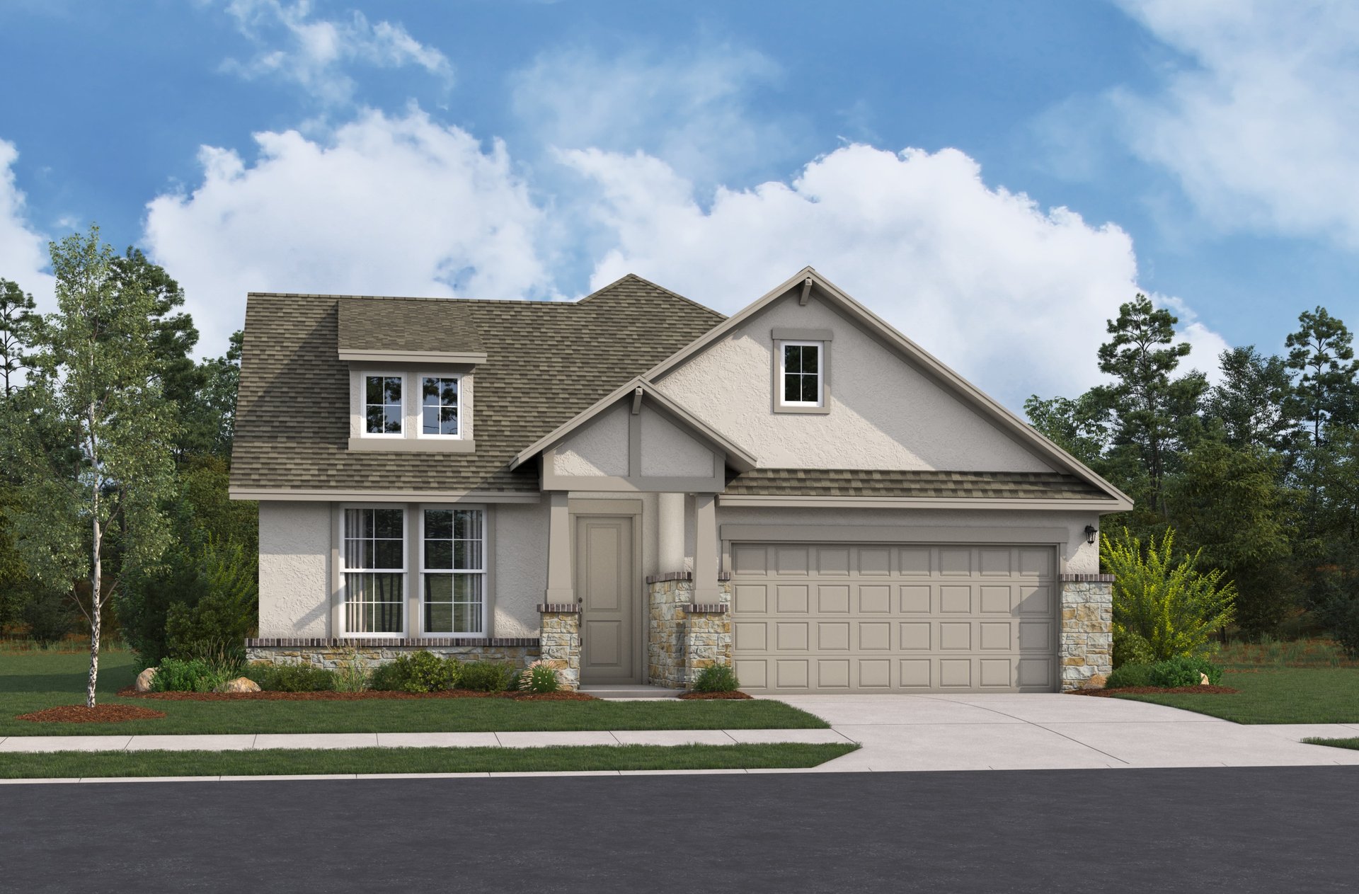 exterior with grass, trees & a 2-car garage