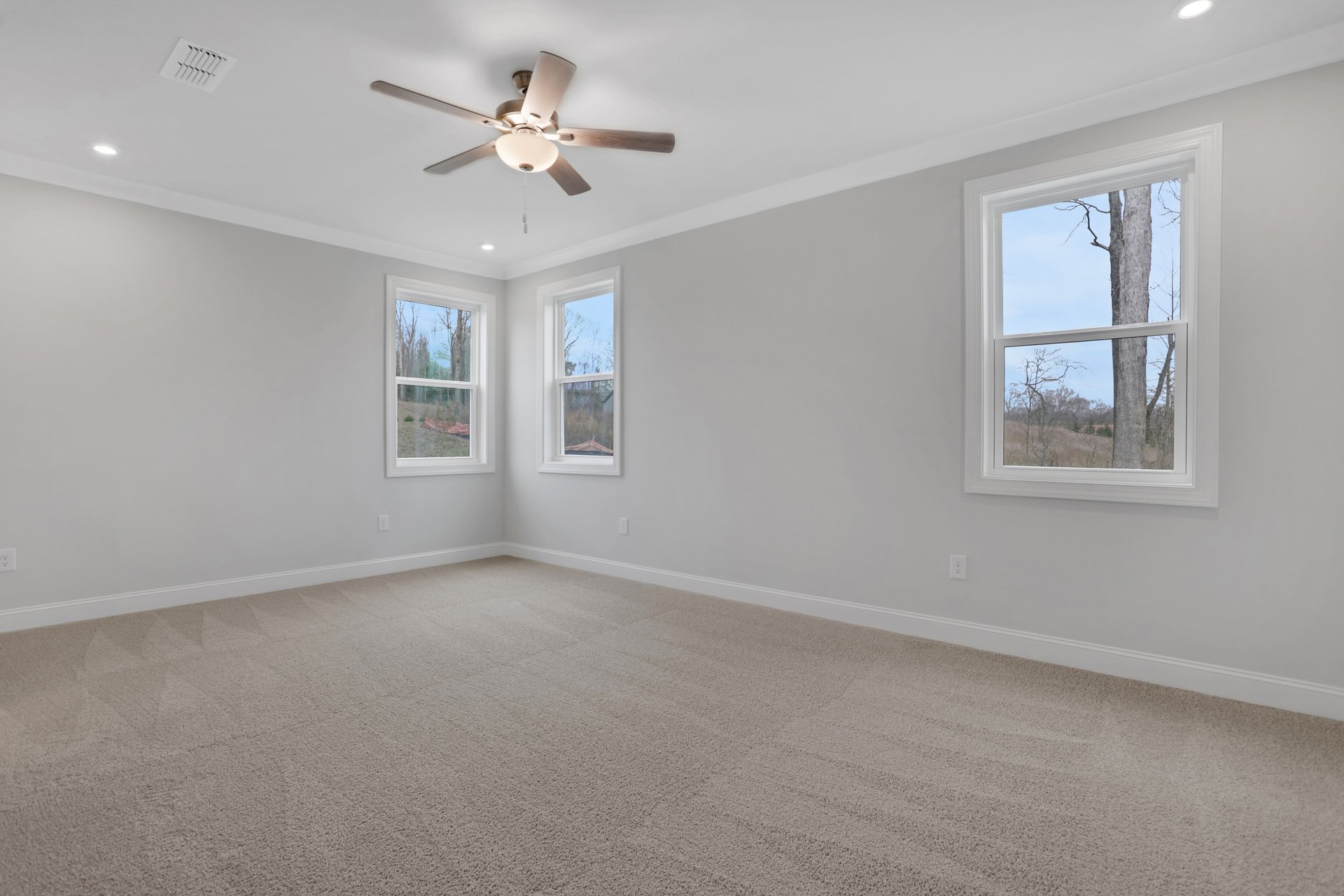 primary bedroom with carpet and windows