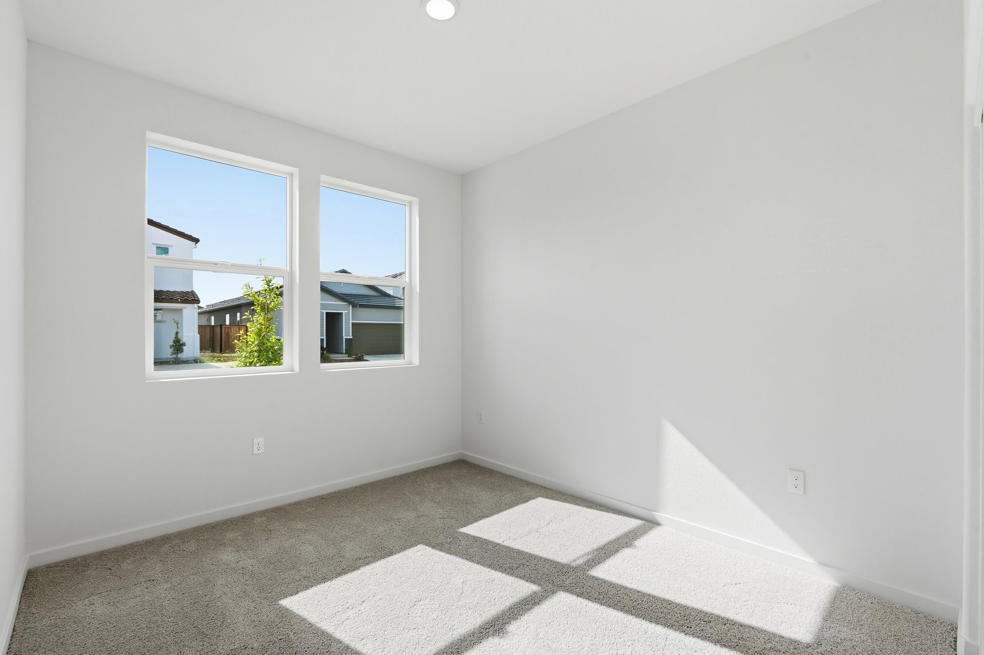 bedroom with tan carpet, white walls, and two windows looking out to front yard