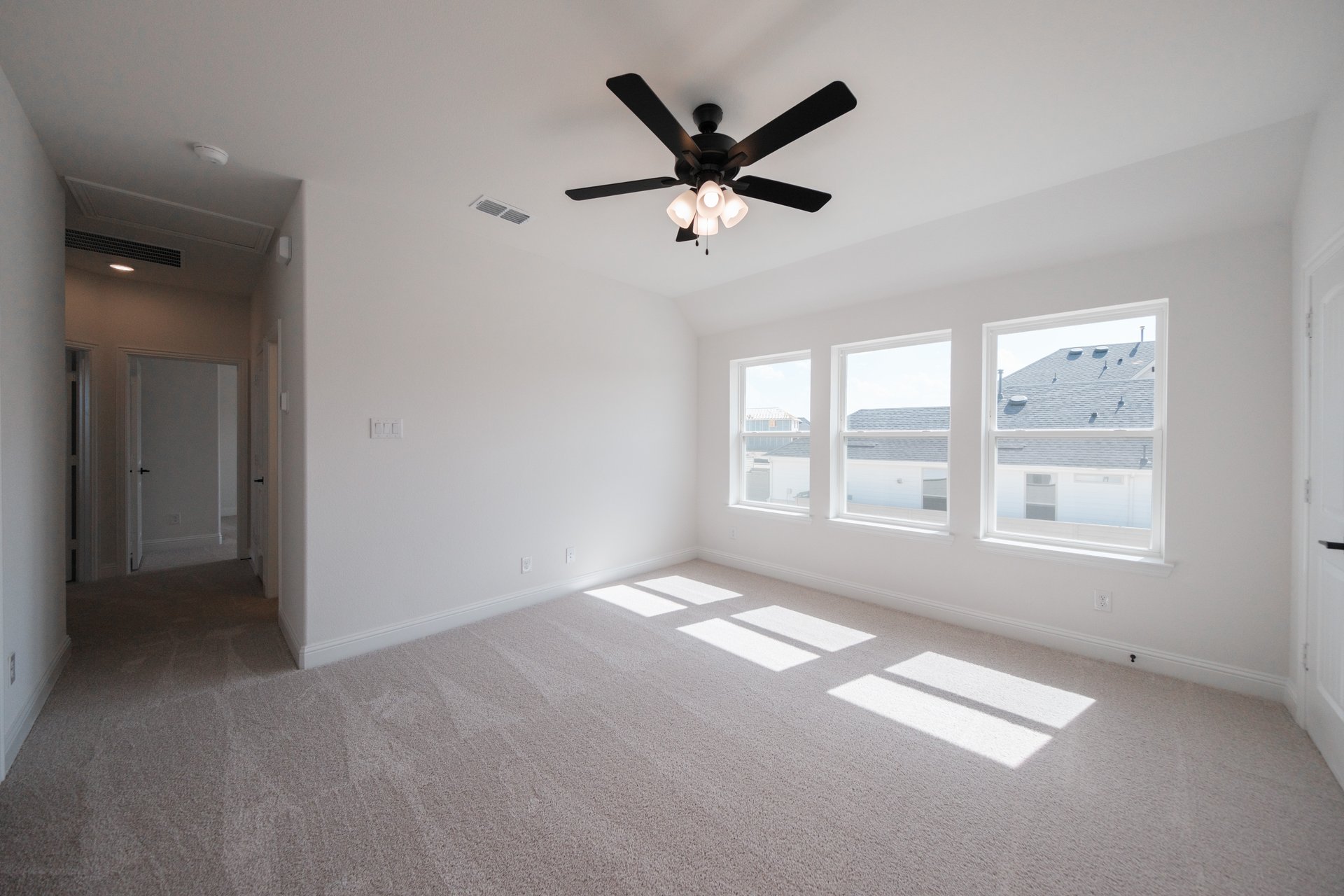 game room with carpet and ceiling fan 