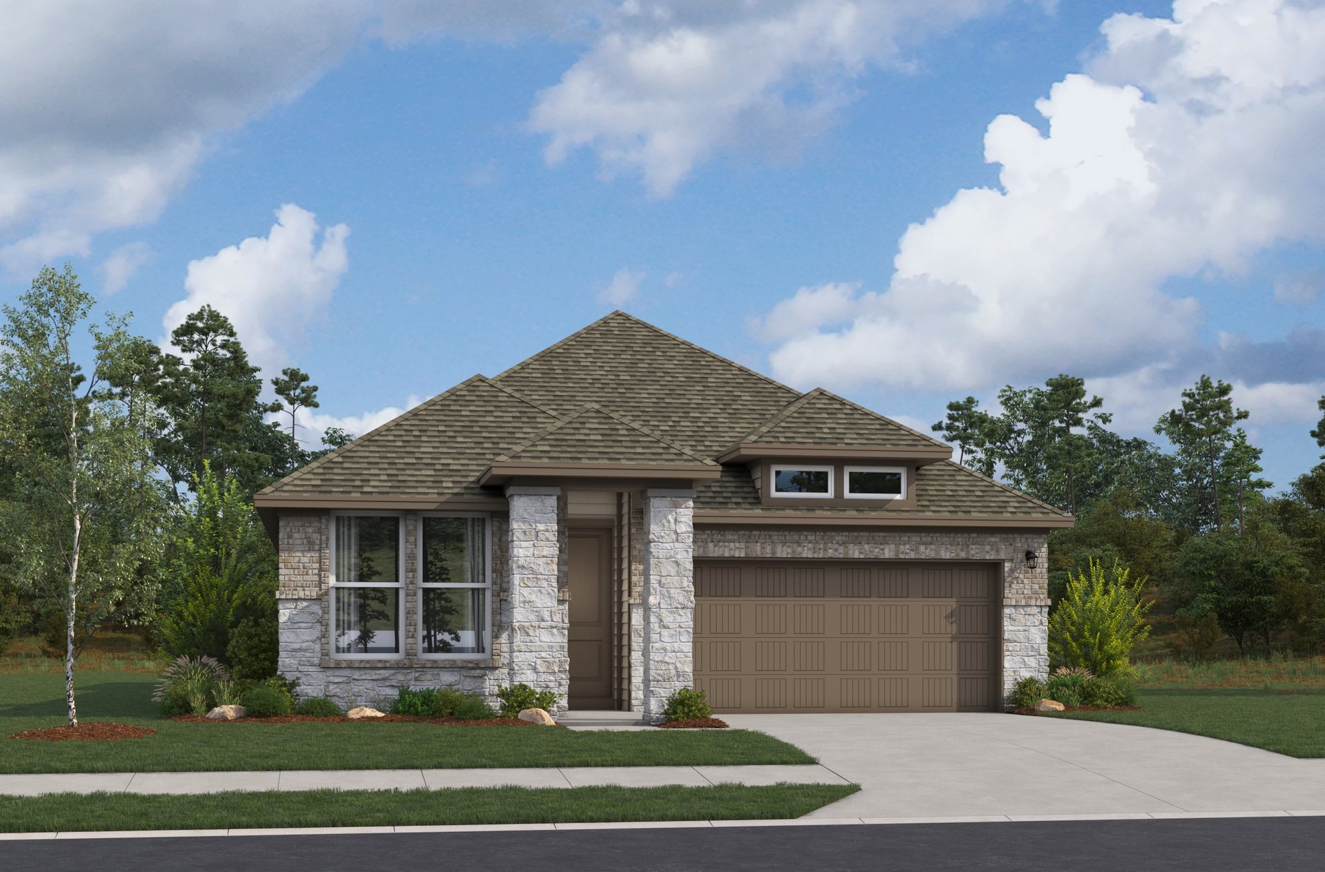 exterior with brick, stone & windows