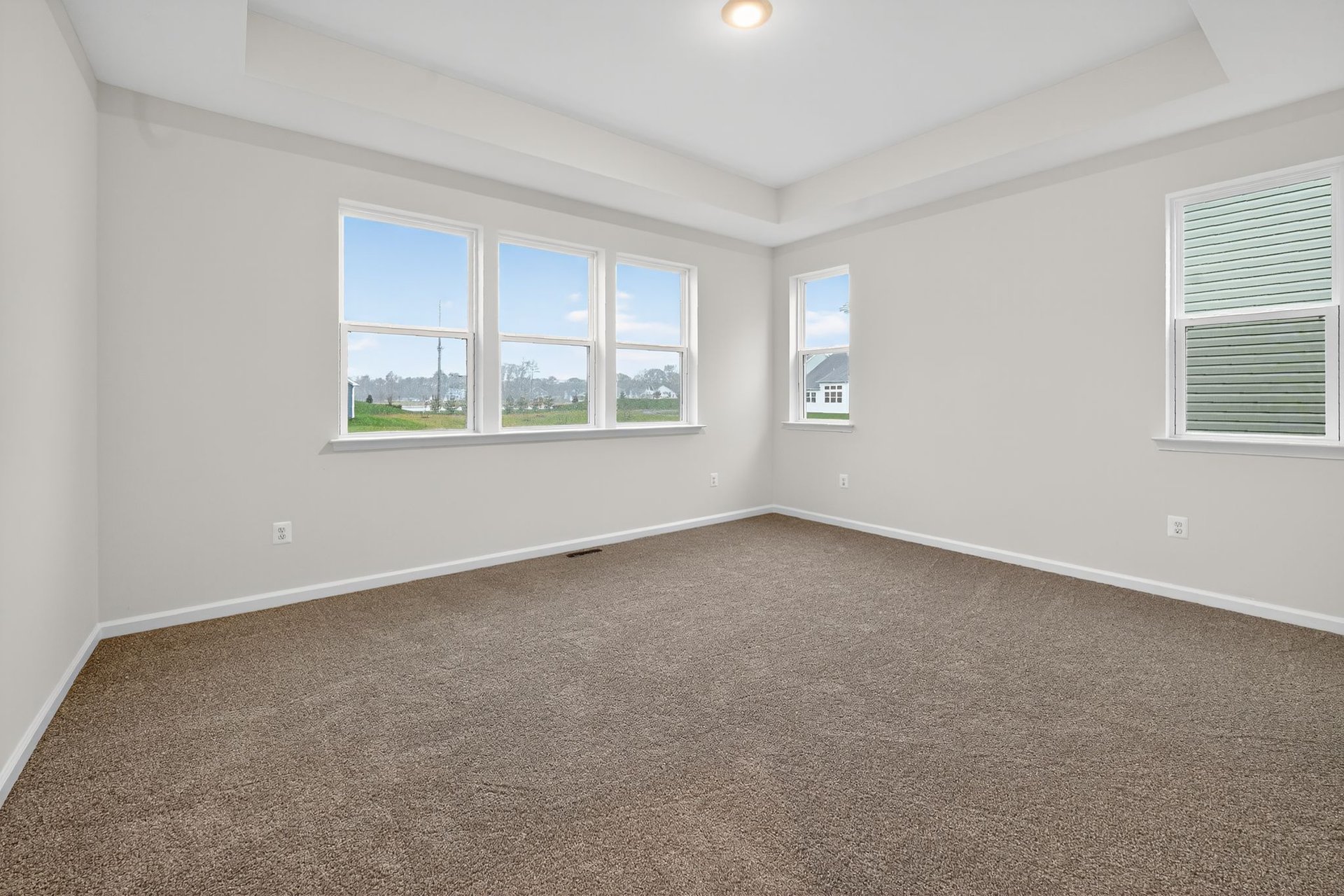primary suite with a box ceiling and carpet