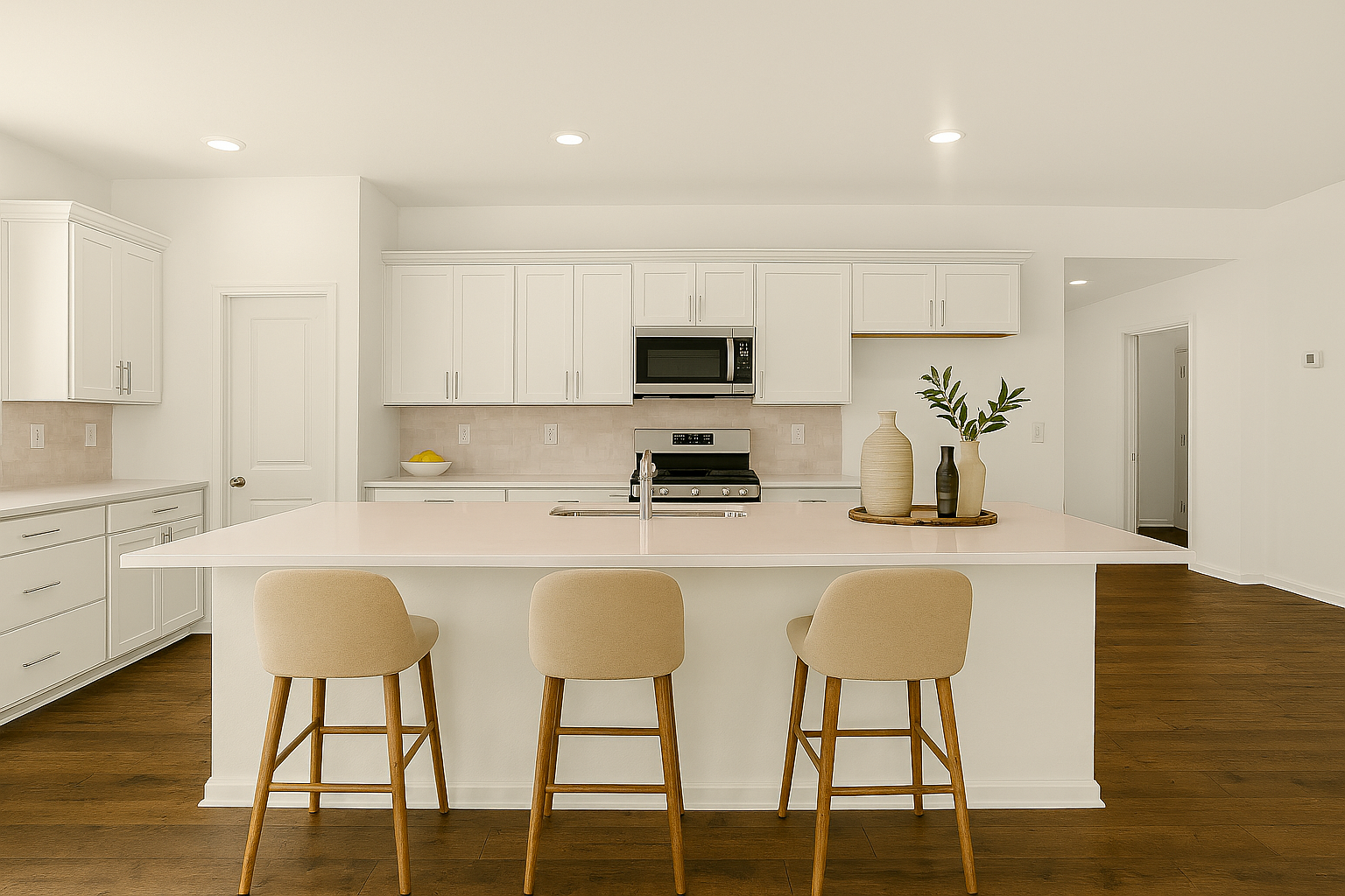 virtually staged kitchen with barstools and white cabinets