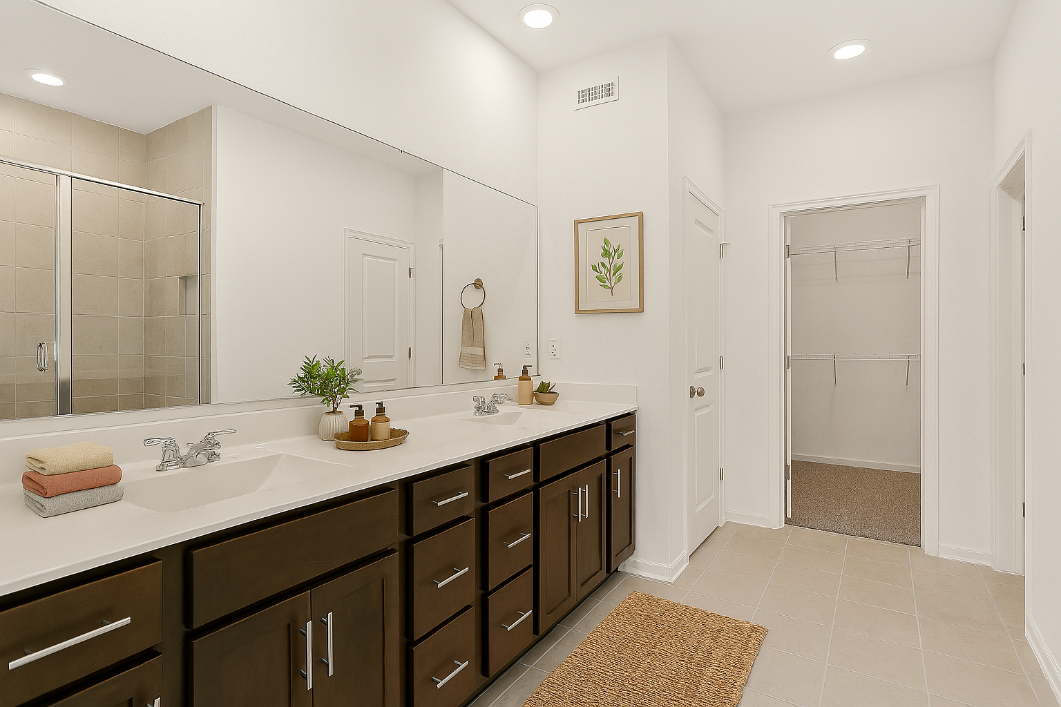 virtually staged picture of the primary bathroom with brown cabinets