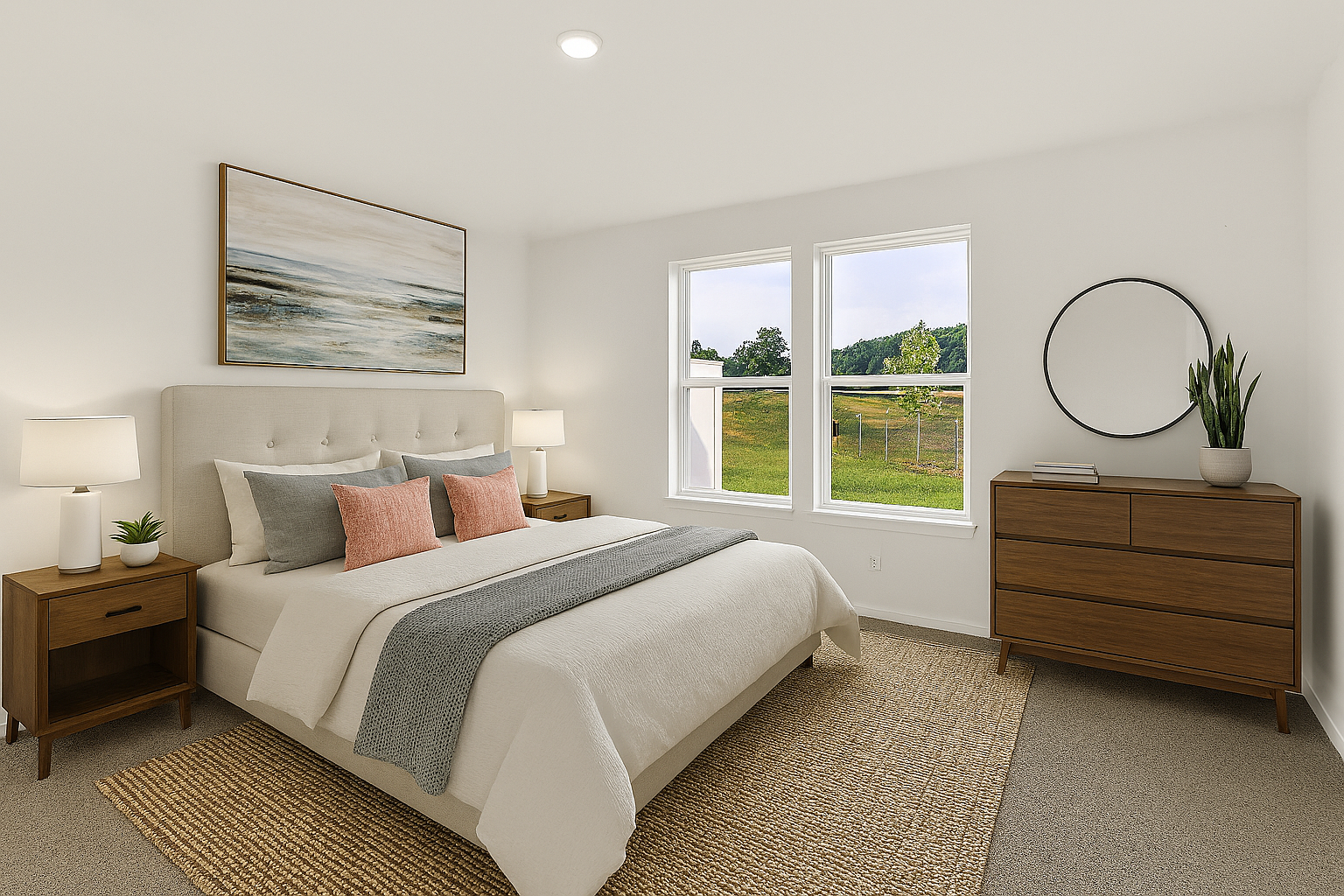 virtually staged primary bedroom with decorated bed and throw rug