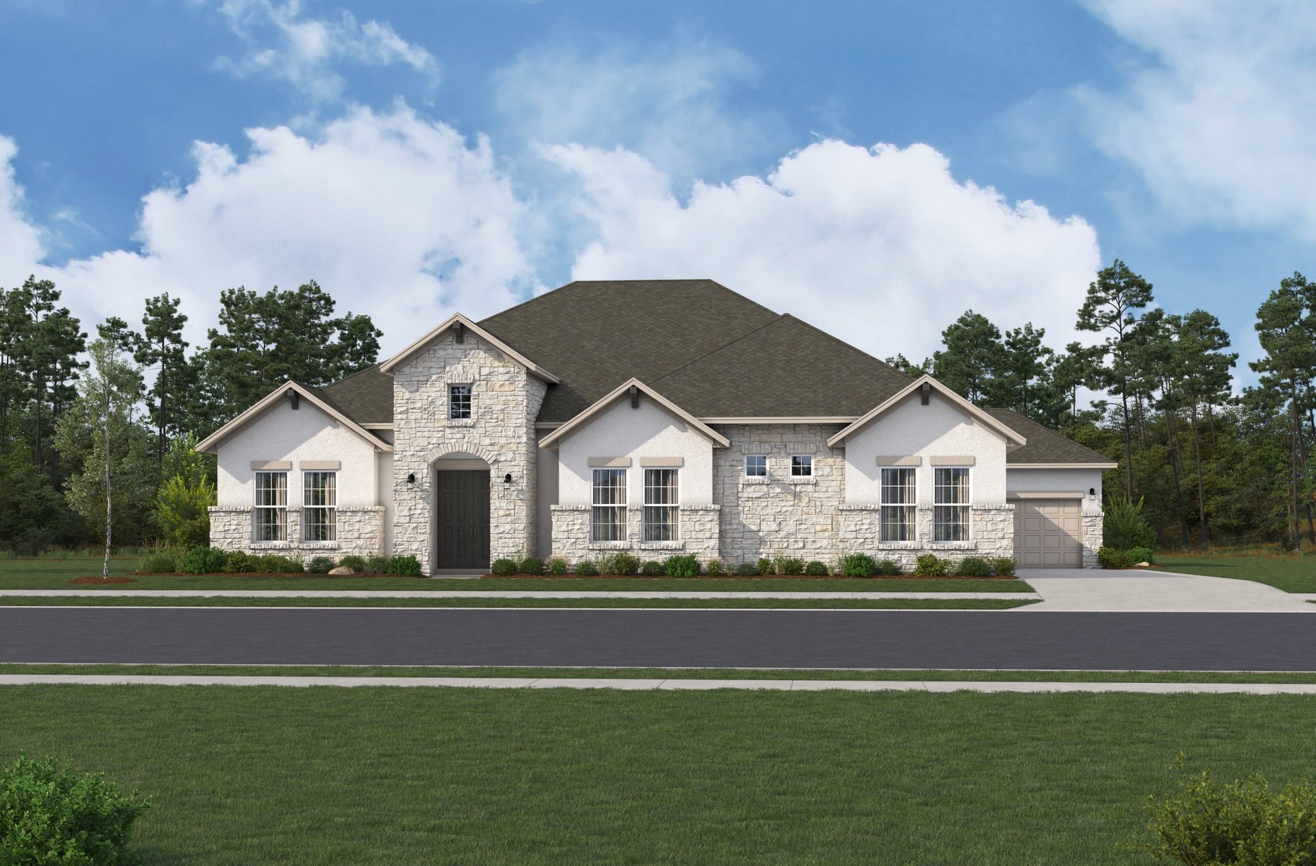 exterior with brick, stone & grass