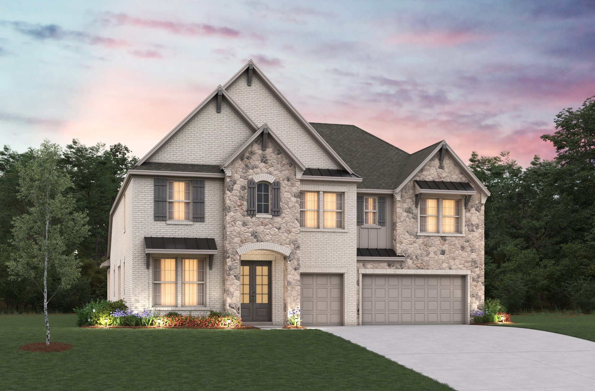 two-story home exterior with brick and stone