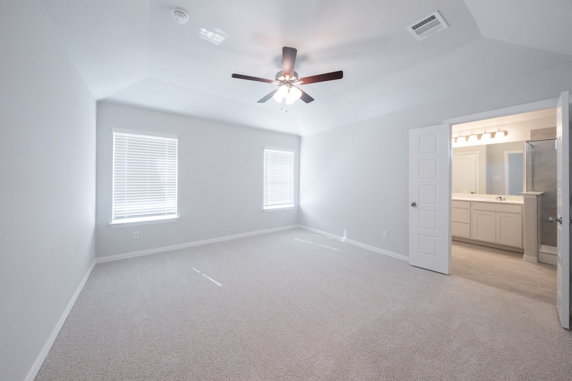 primary bedroom with carpet and windows