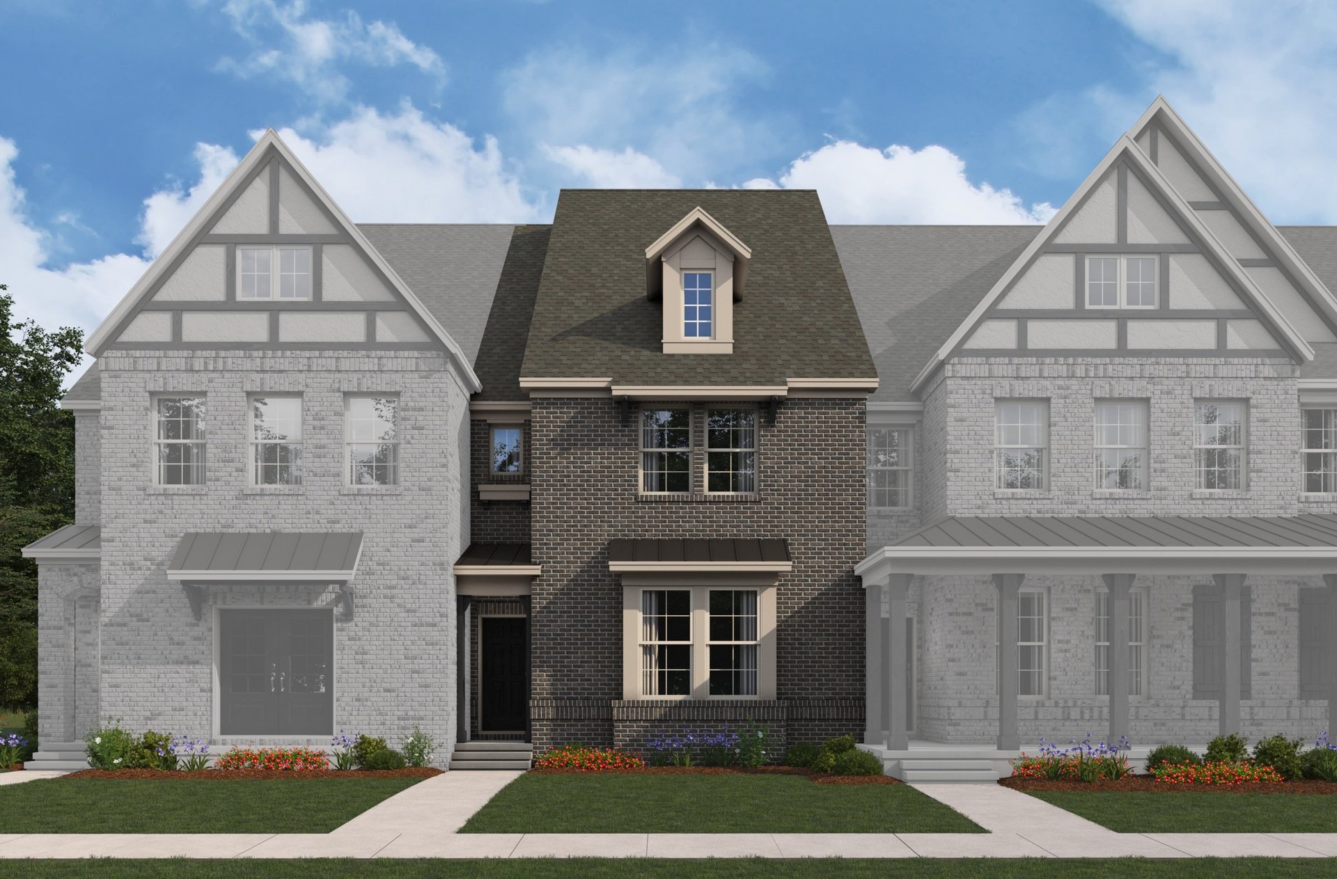 townhouse exterior with brick and landscaping