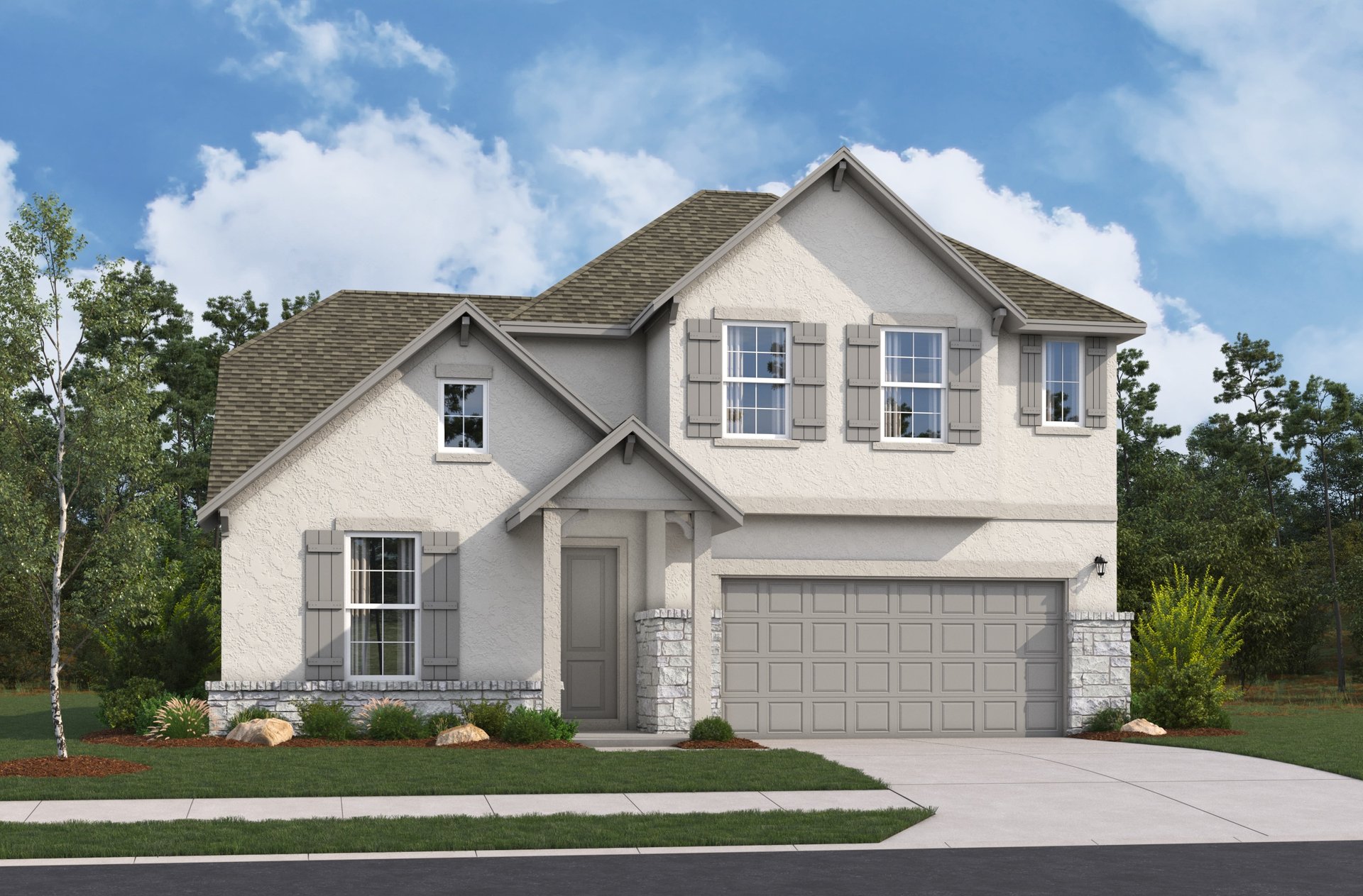home with brick, windows, garage and landscaped grass 