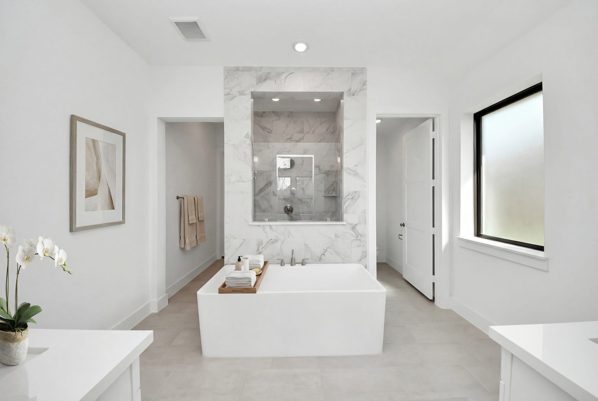 primary bathroom with soaking tub and shower