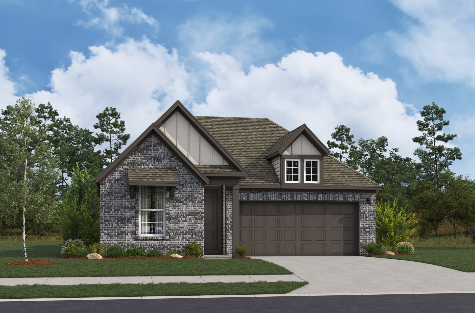 exterior with brick, stone & windows