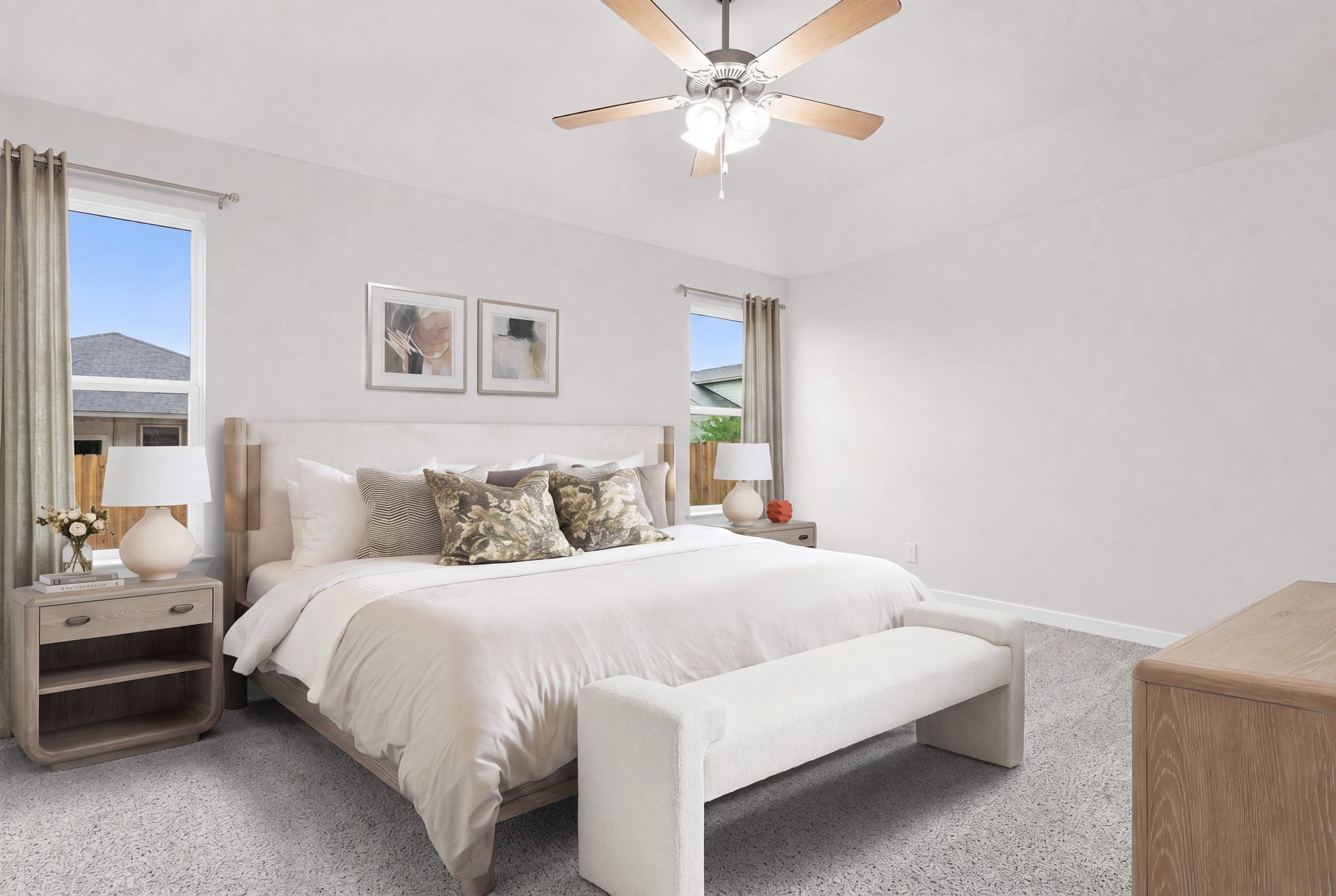 bedroom with windows, carpet and ceiling fan