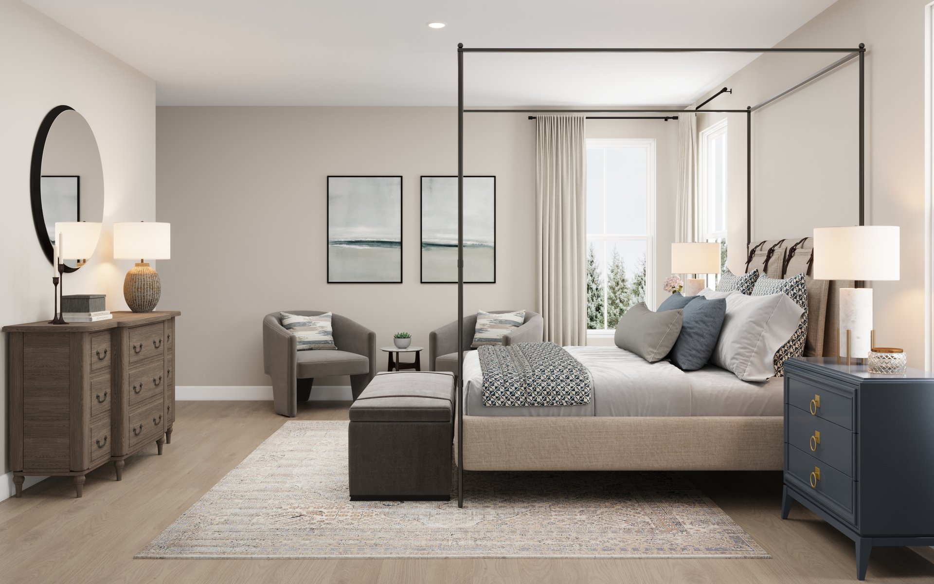 rendering of primary bedroom with king bed and hard-surface flooring