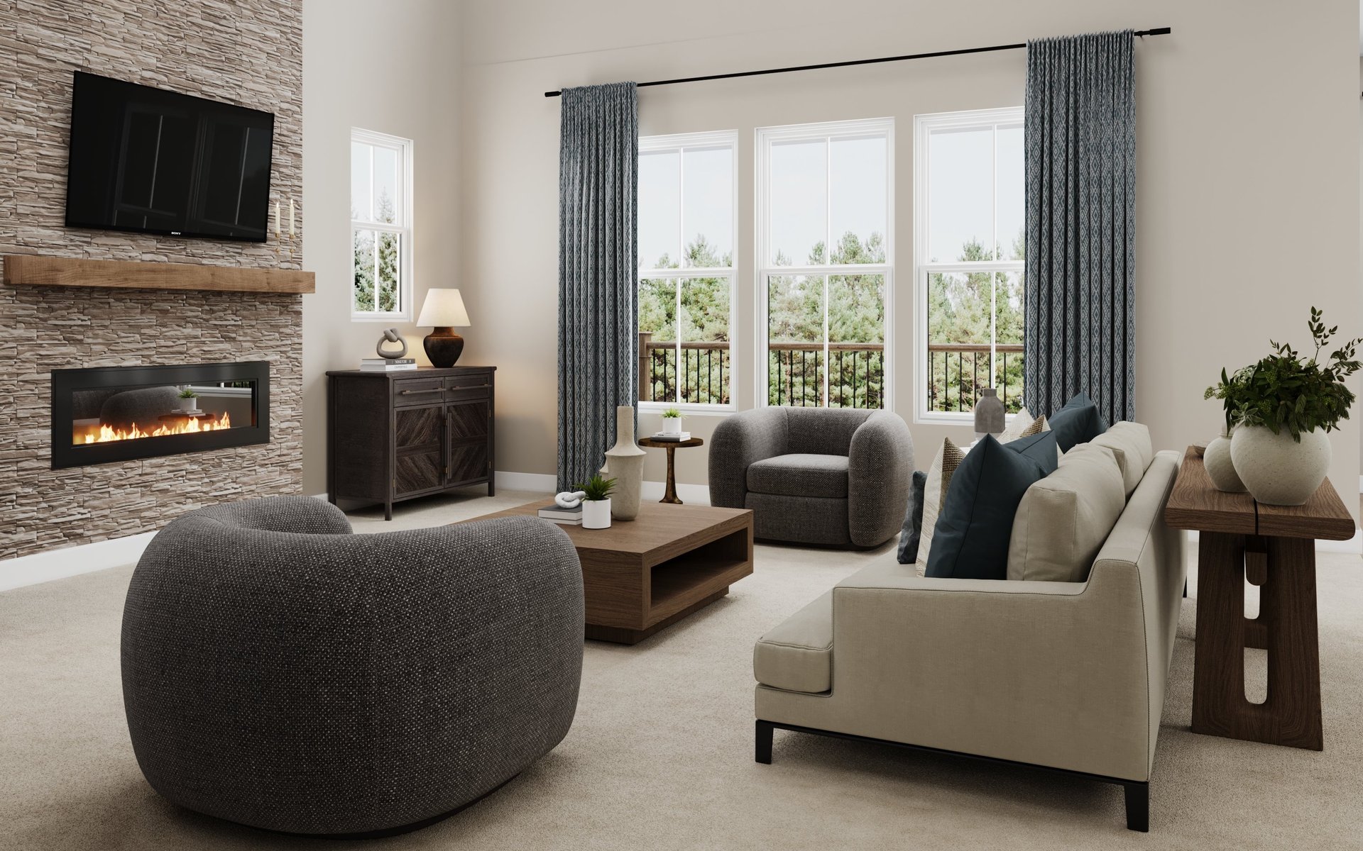 rendering of great room with stone fireplace and furniture