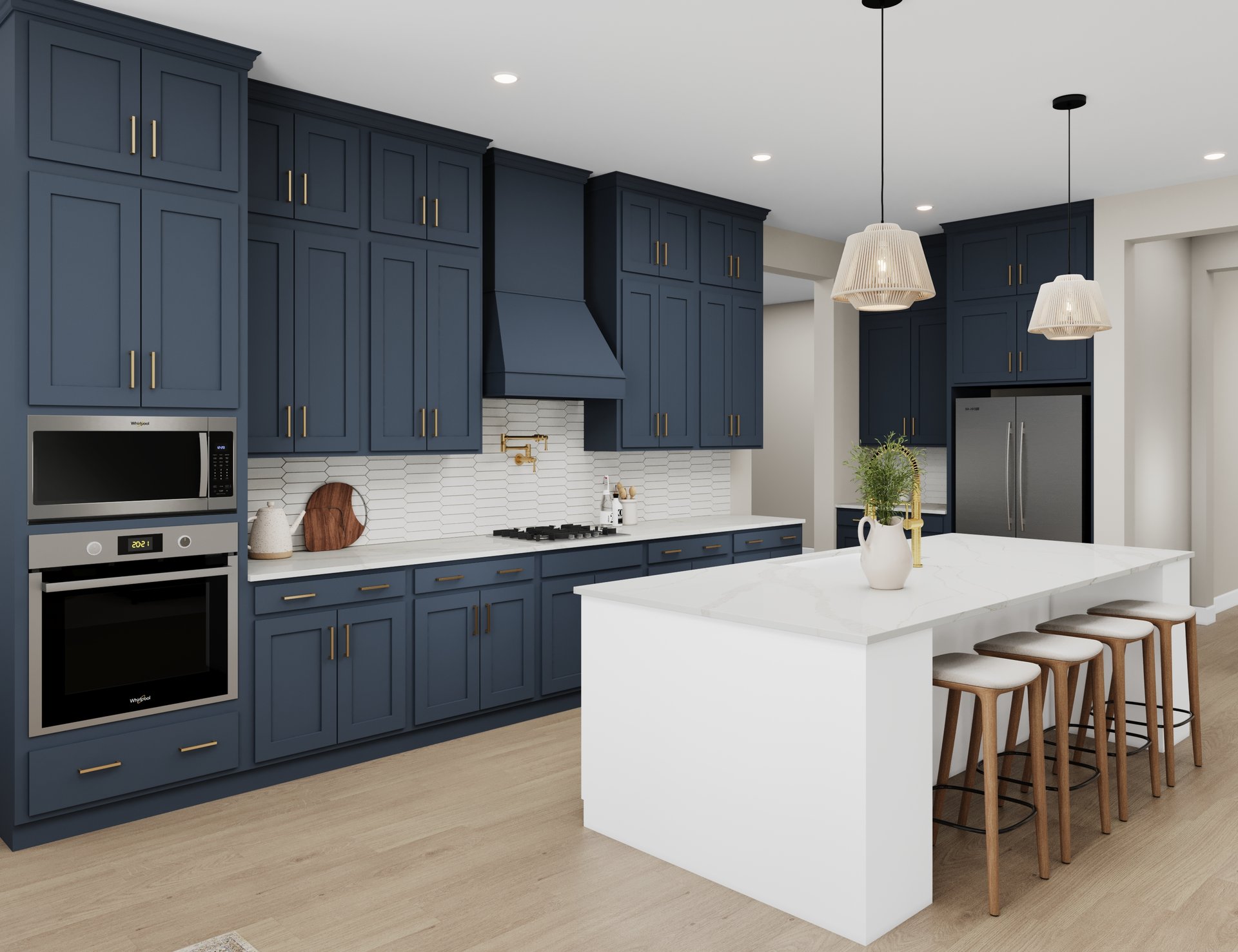 rendering of kitchen with dark blue cabinets and white quartz counters