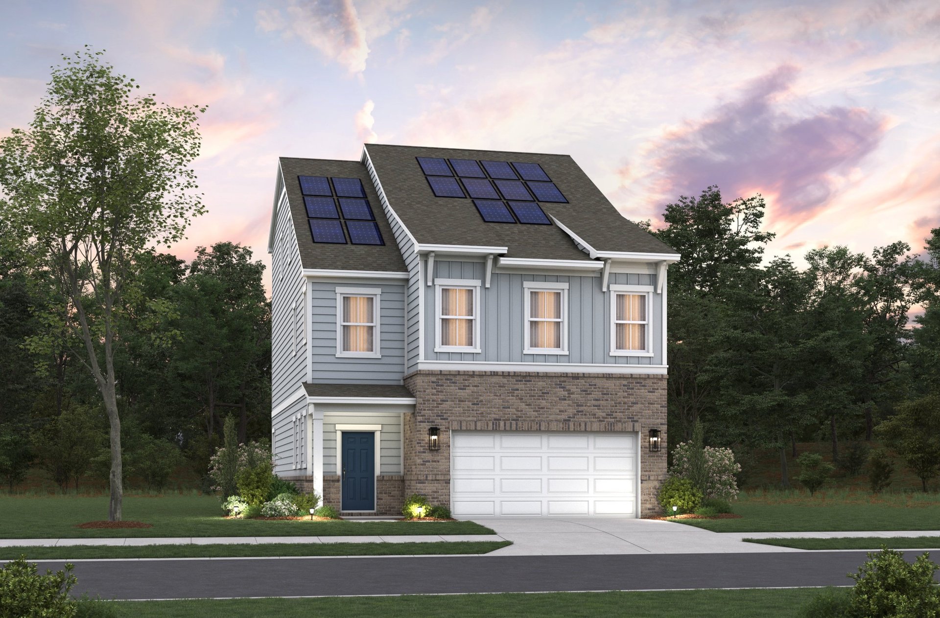 rendering of 2-story home with solar panels
