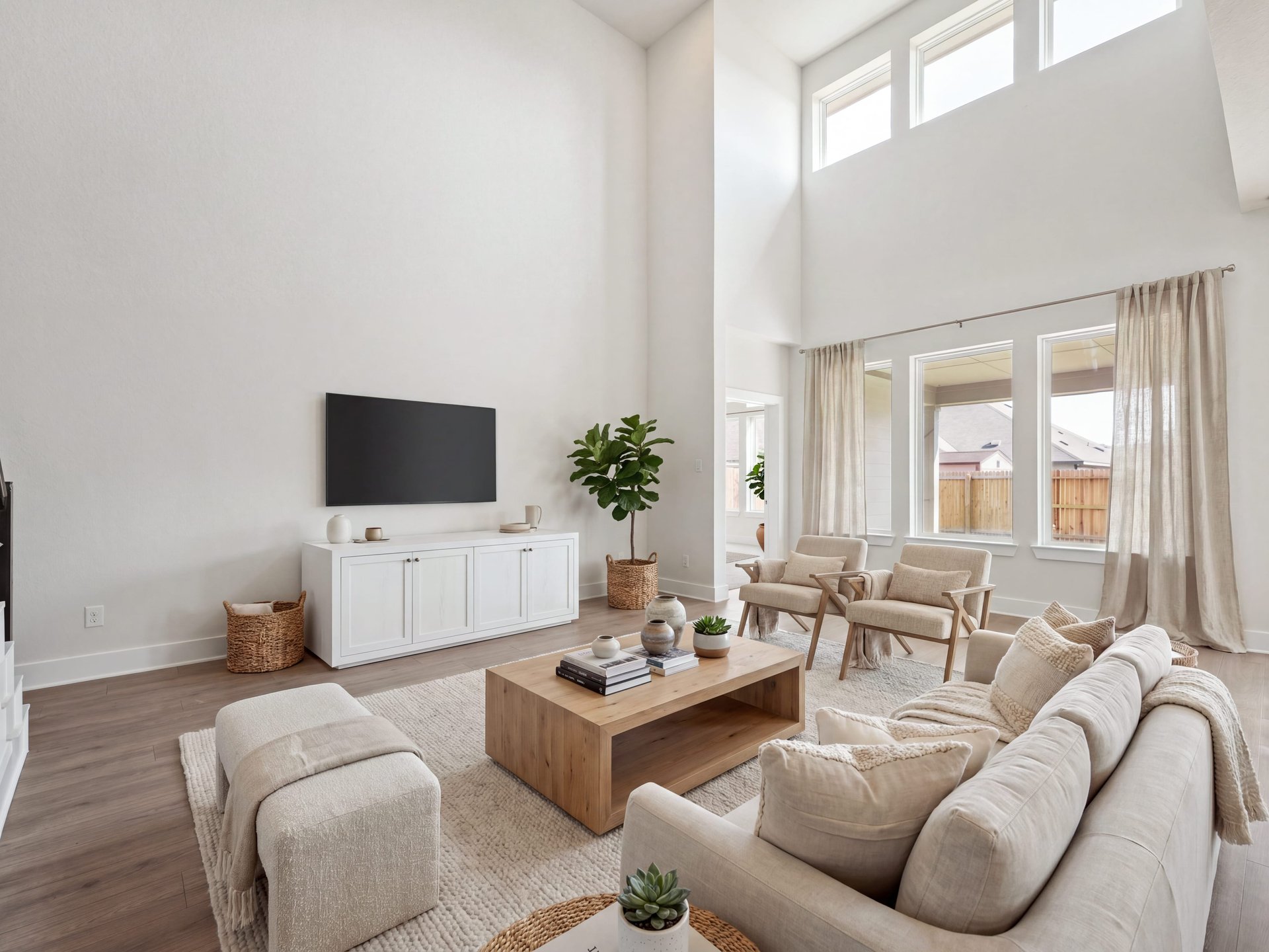 great room with ceiling fan, windows and brown flooring