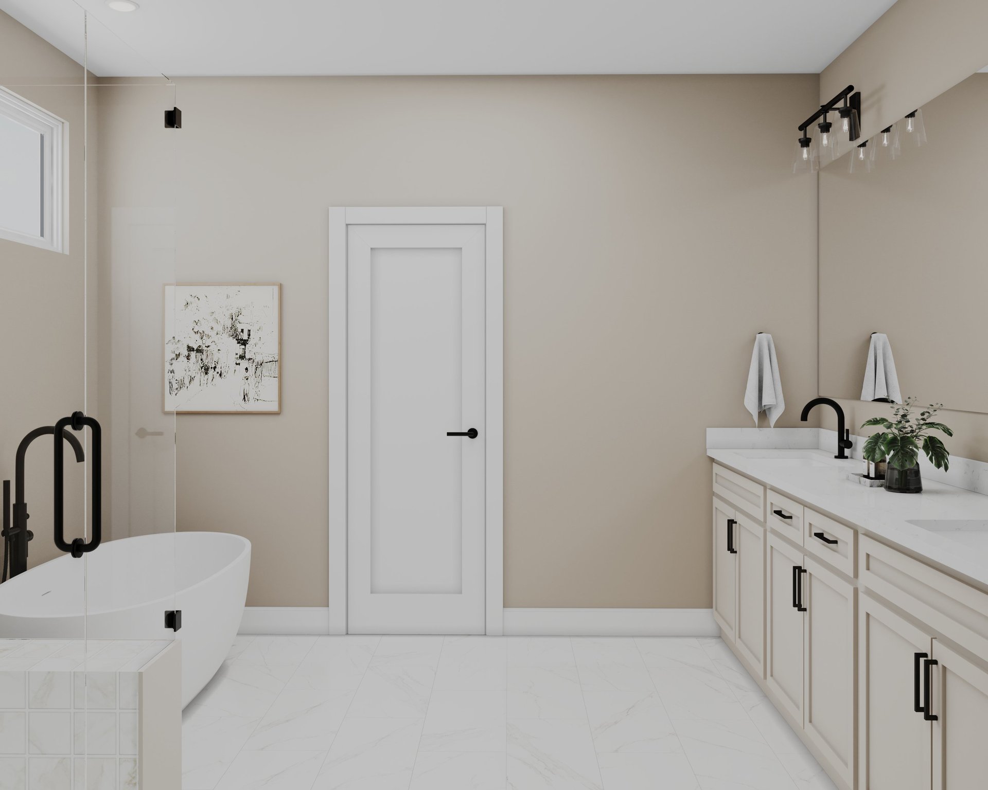 primary bathroom with white cabinets and tile flooring