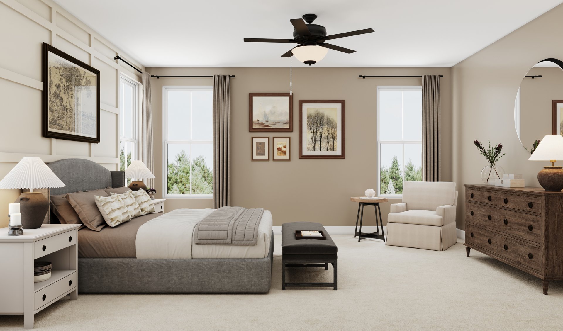 primary bedroom with windows and carpet