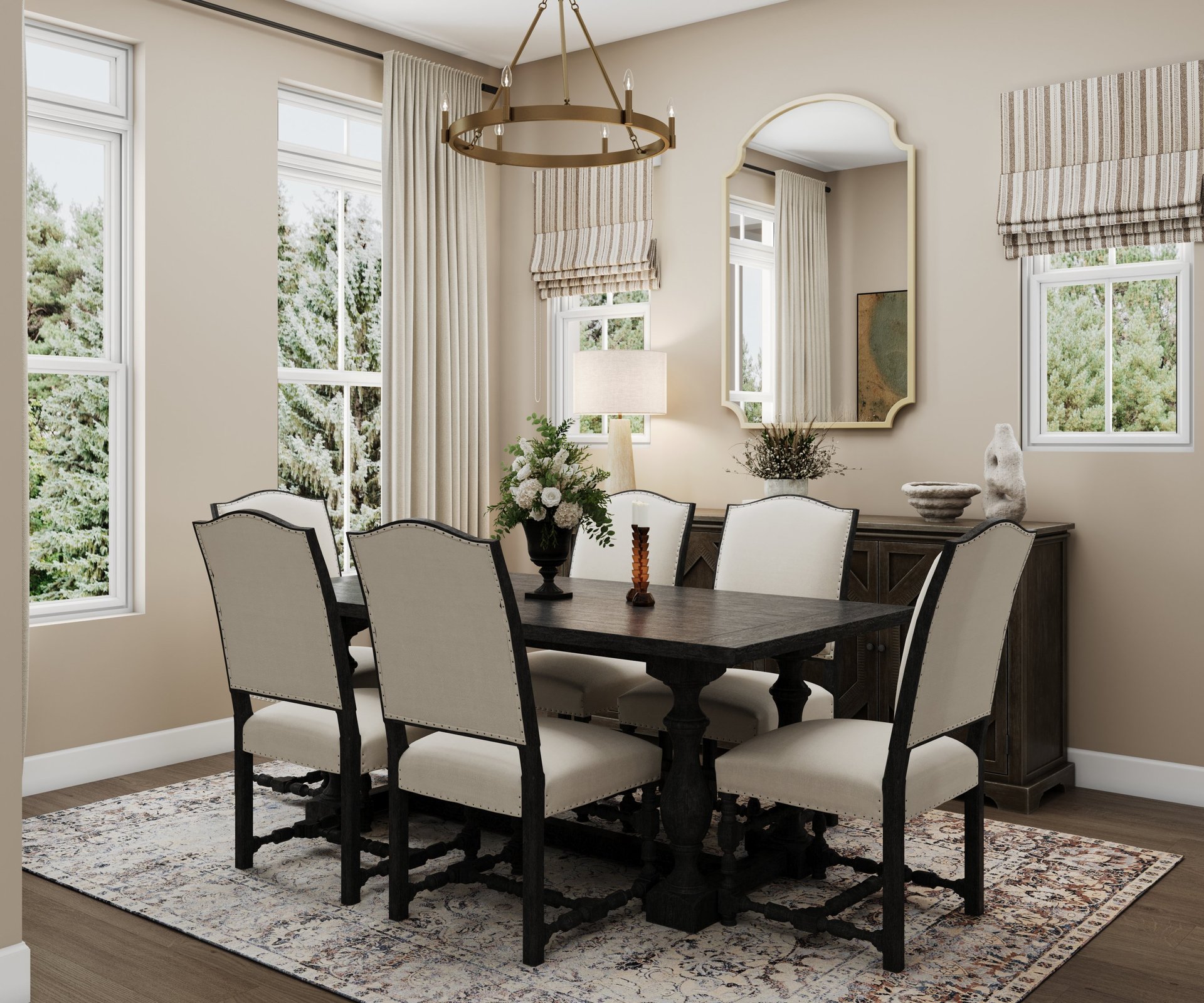 dining room with hard surface flooring and table for 6