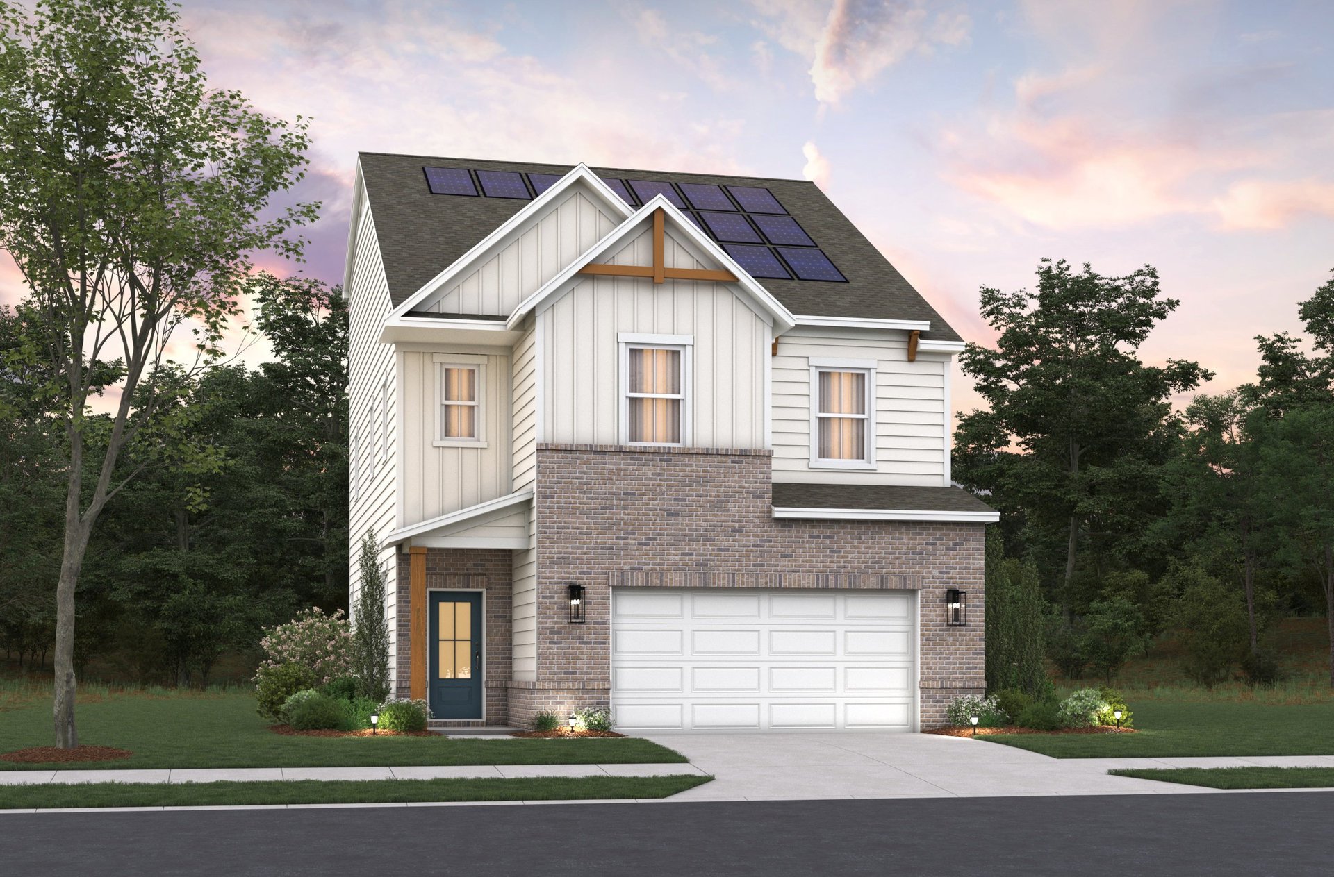 rendering of 2-story home with solar panels