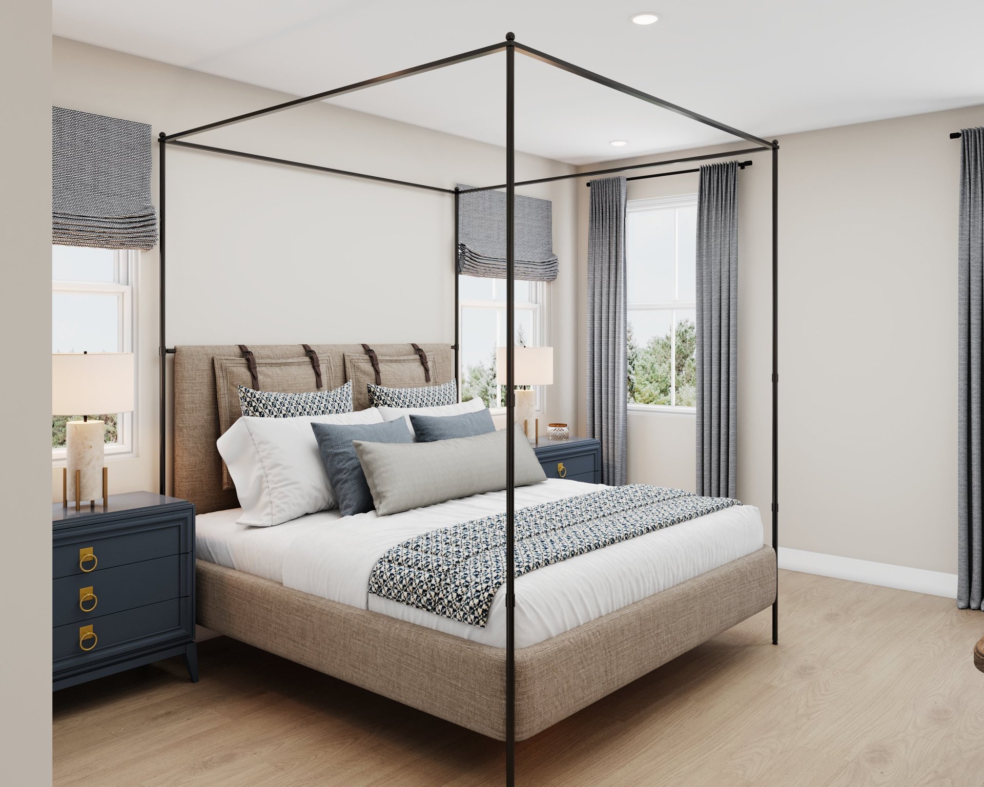 rendering of primary bedroom with king bed and hard-surface flooring