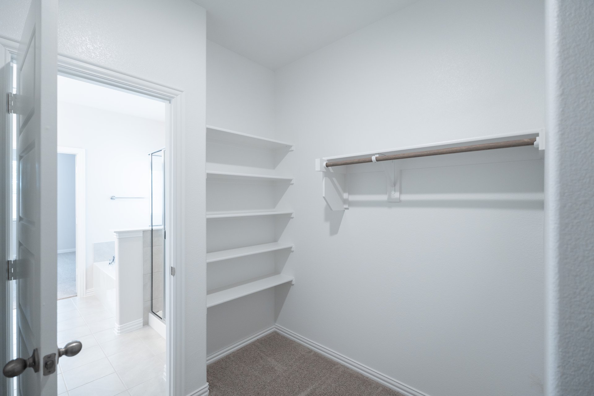 primary bedroom closet with carpet and white shelves