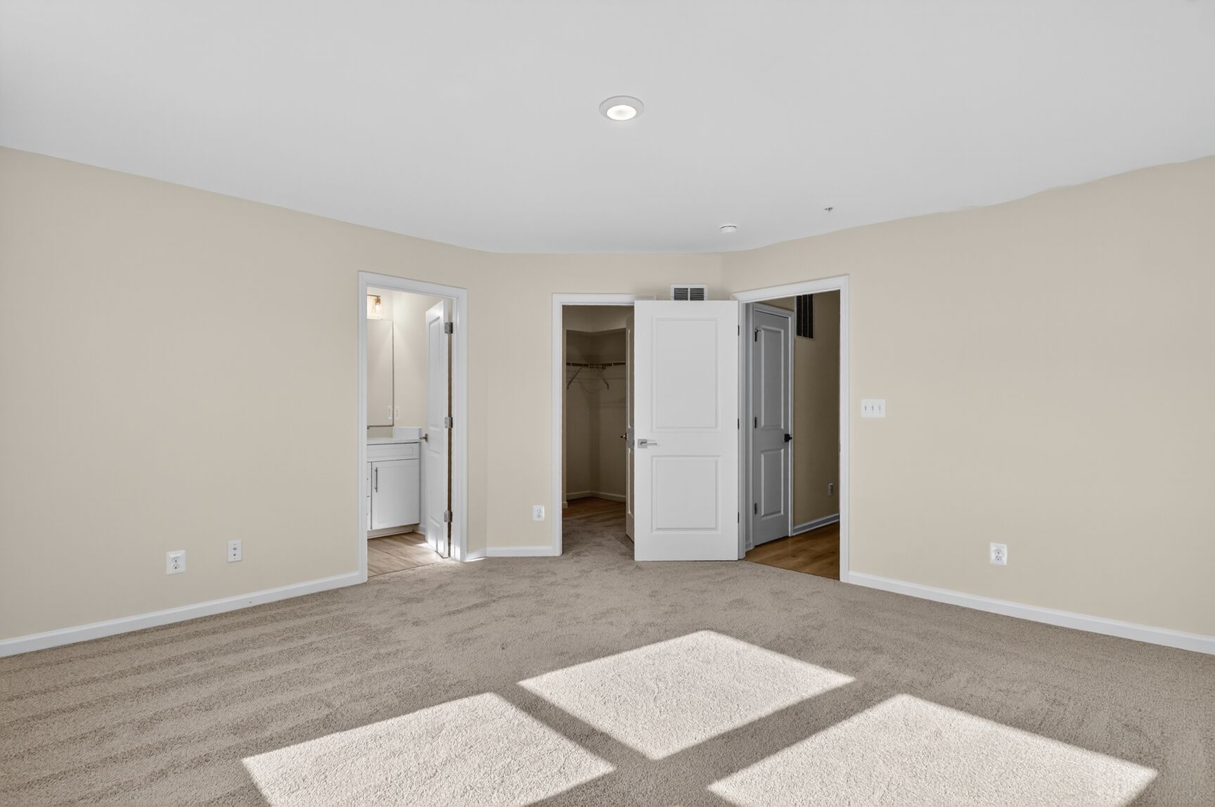 primary bedroom with carpet and entrance to bathroom and closet