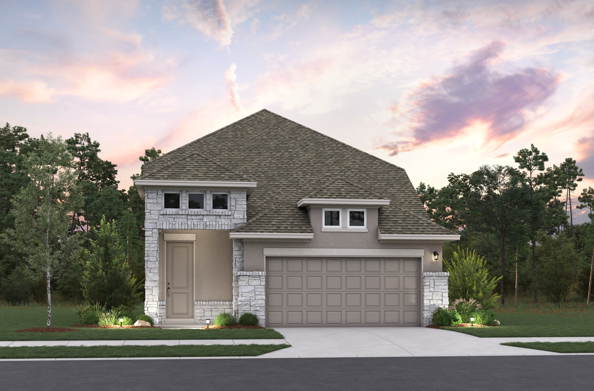 home with rock, windows, garage and landscaping
