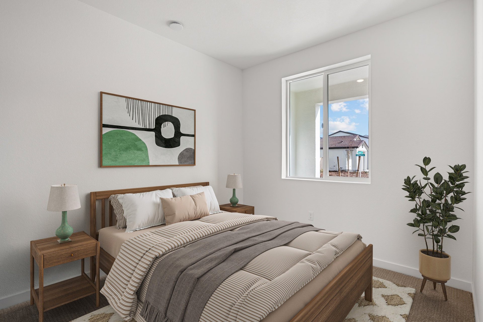 bedroom with white walls, wood bed & nightstands, brown carpet, neutral striped bedding, green bedside lamps, and window