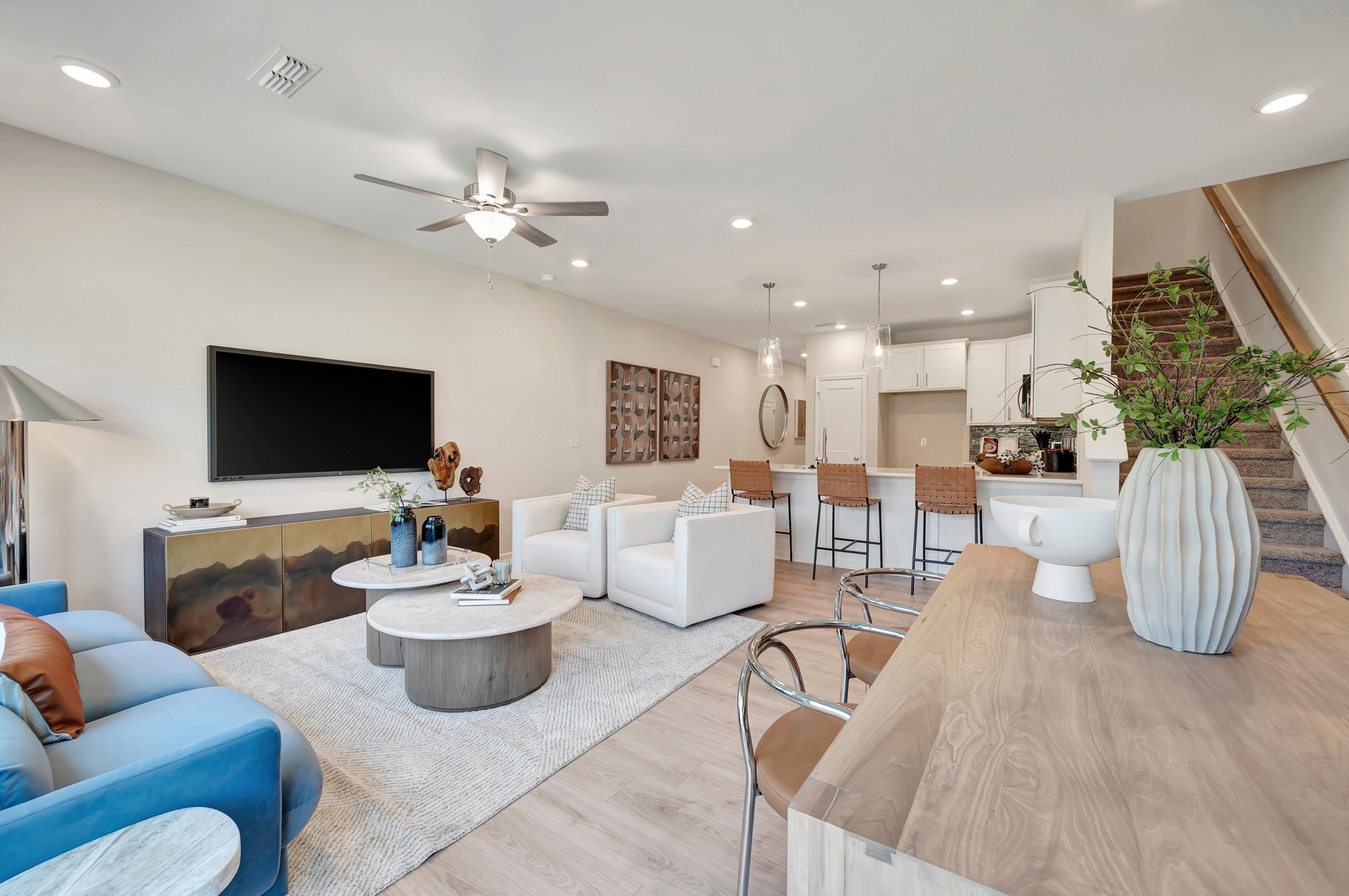 great room with a view of the kitchen