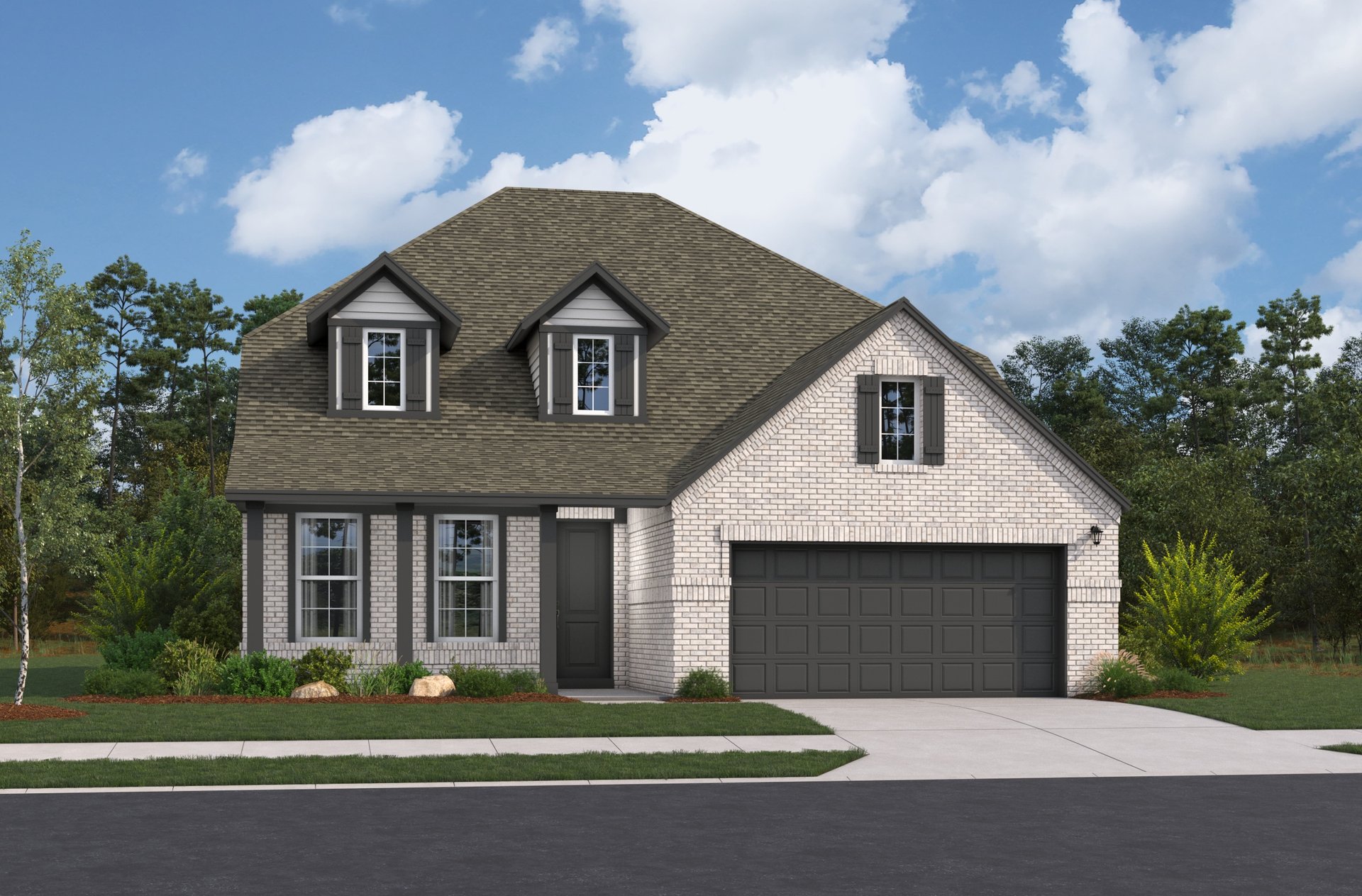 home with brick, windows, garage and landscaped grass 
