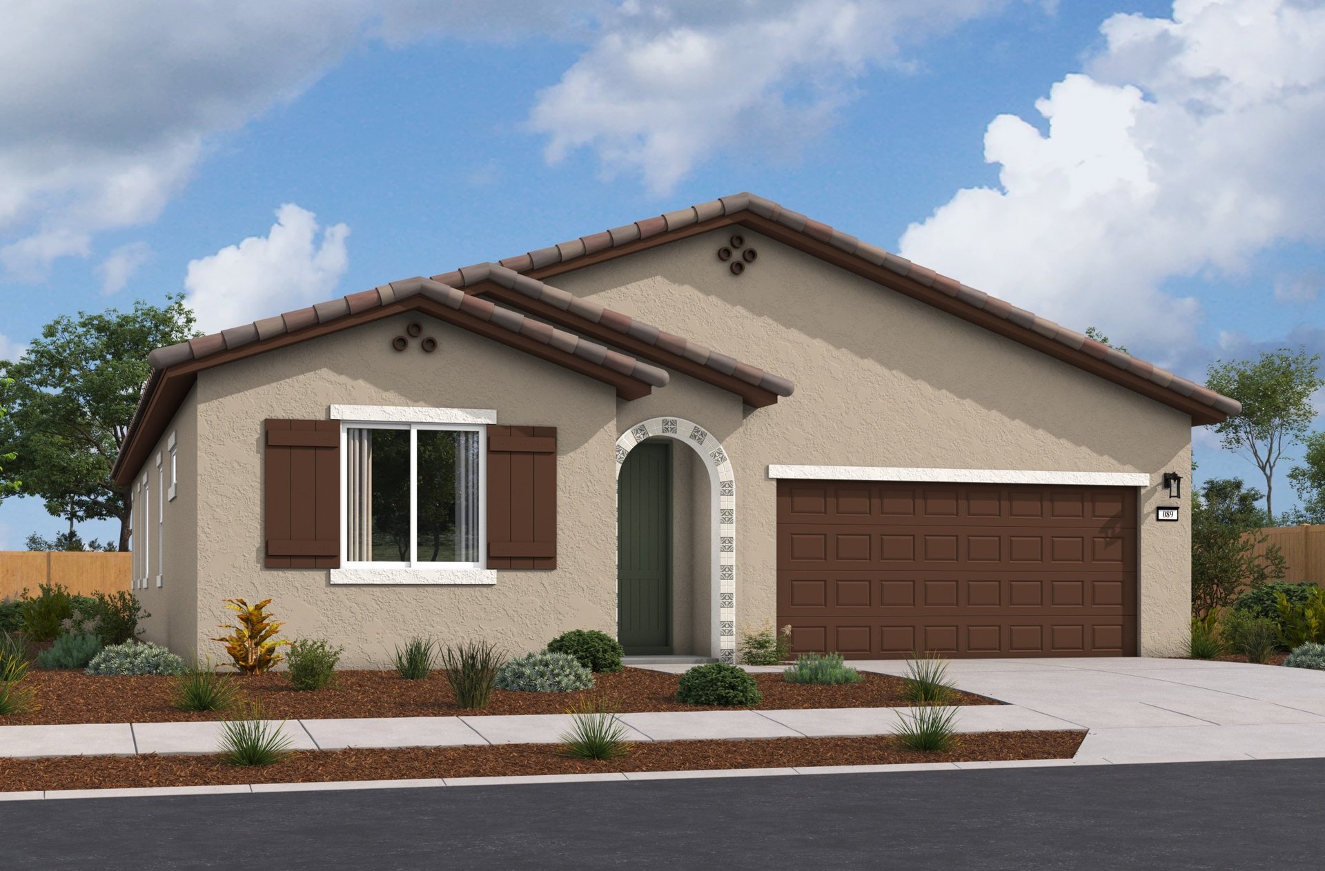 spanish style tan and brown single-story home with archway entry
